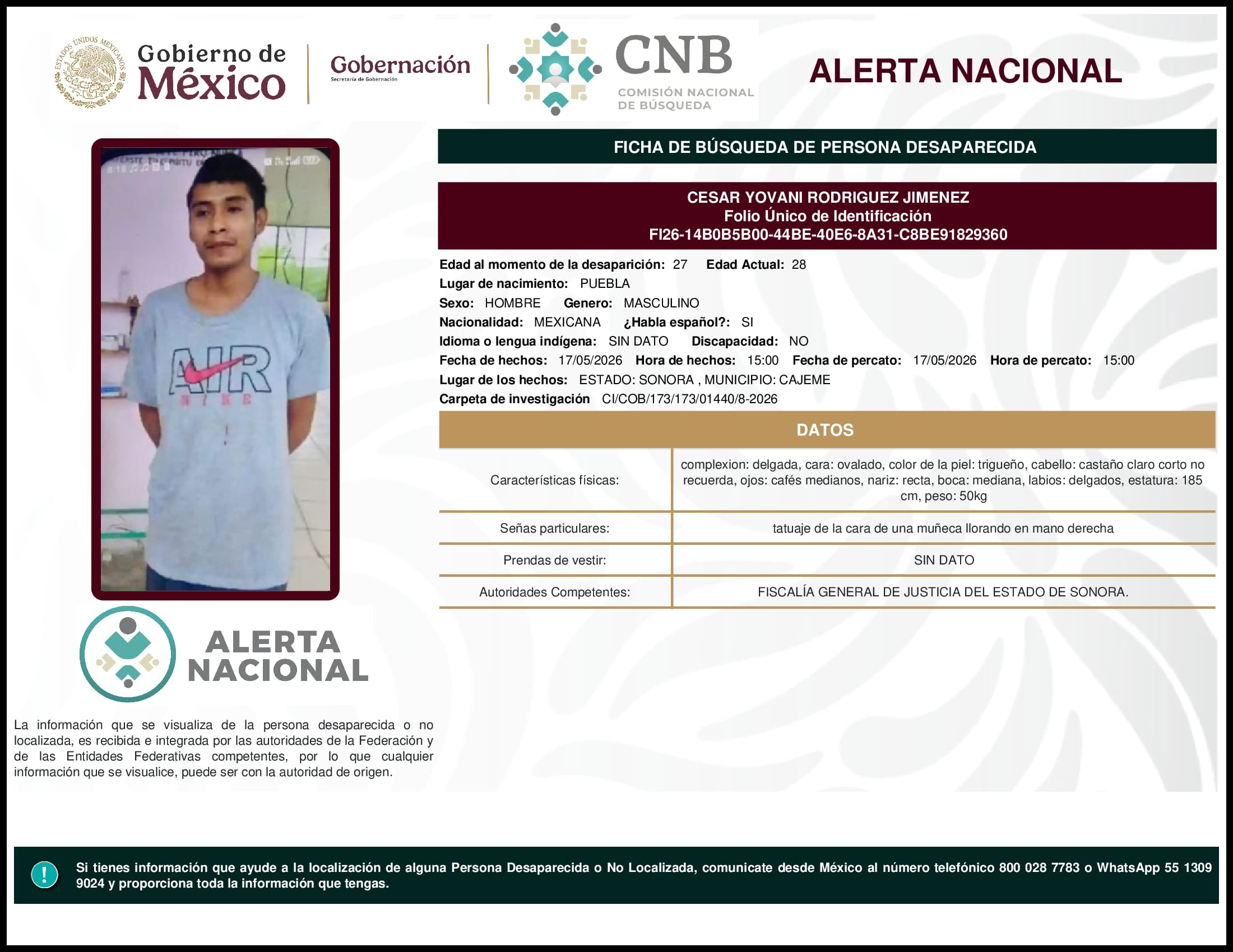 Persona desaparecida Cesar Yovani Rodriguez Jimenez