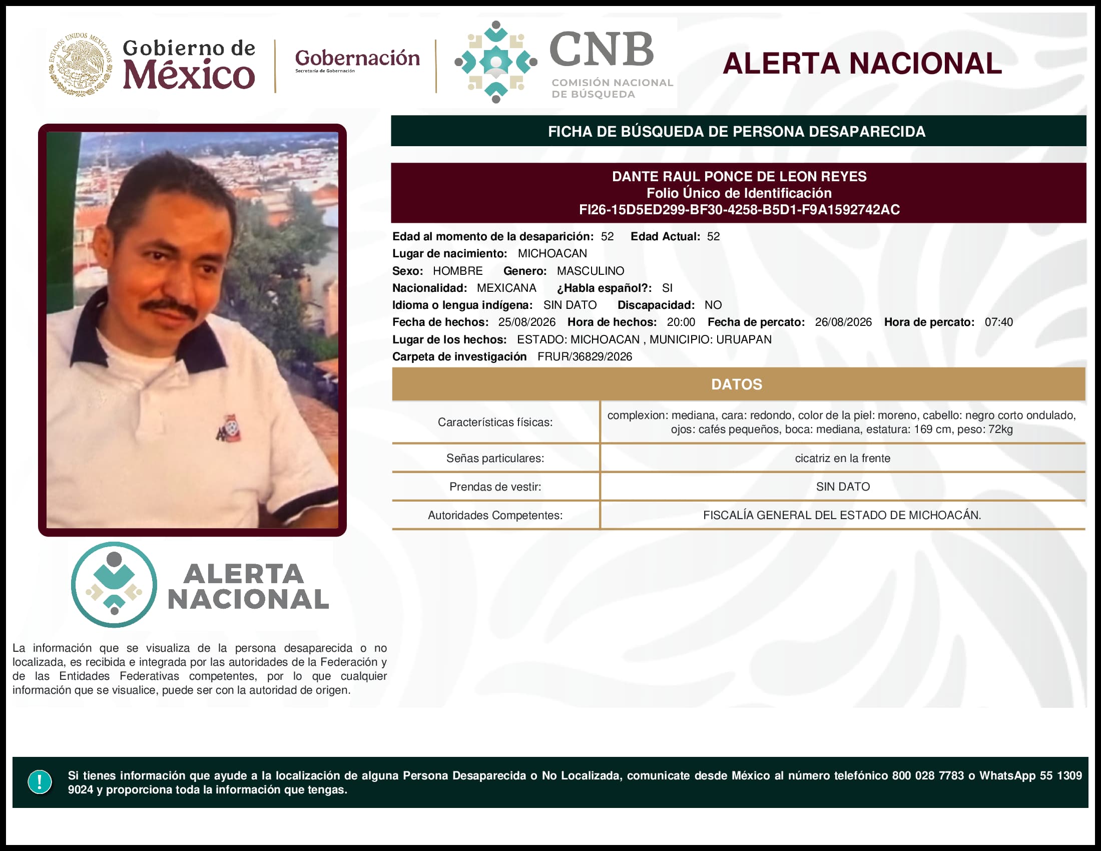 Persona desaparecida Dante Raul Ponce De Leon Reyes