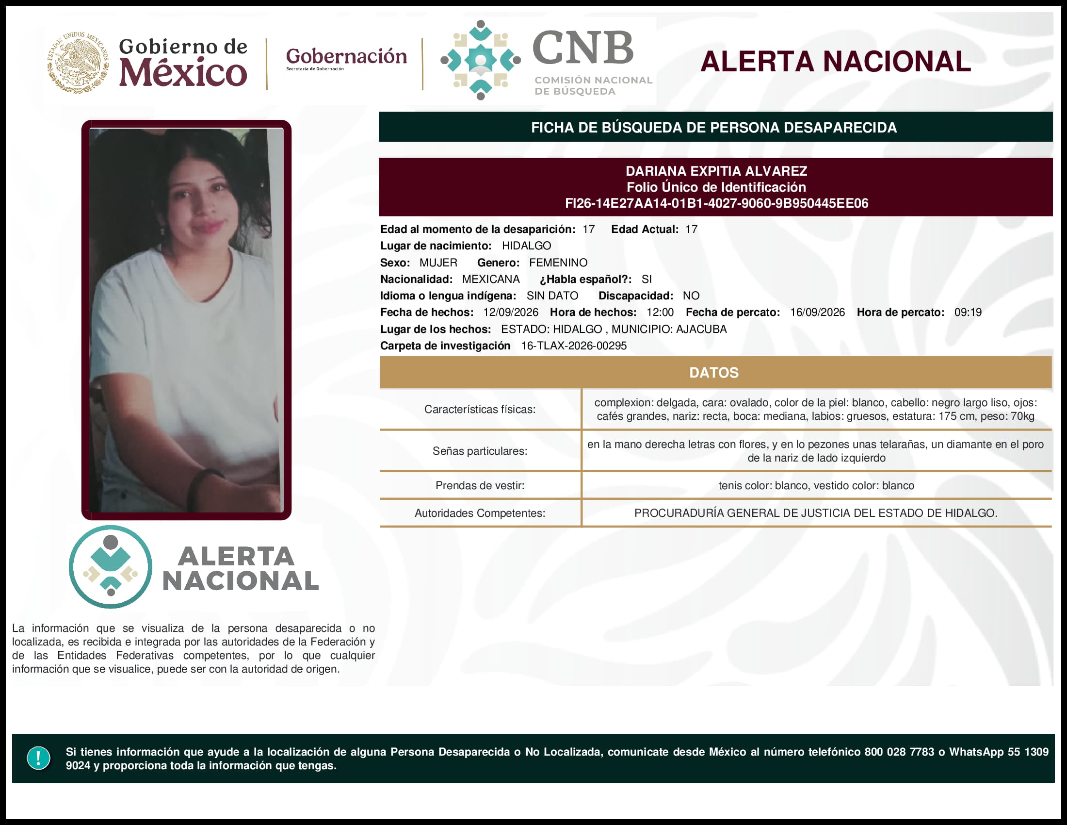 Persona desaparecida Dariana Expitia Alvarez