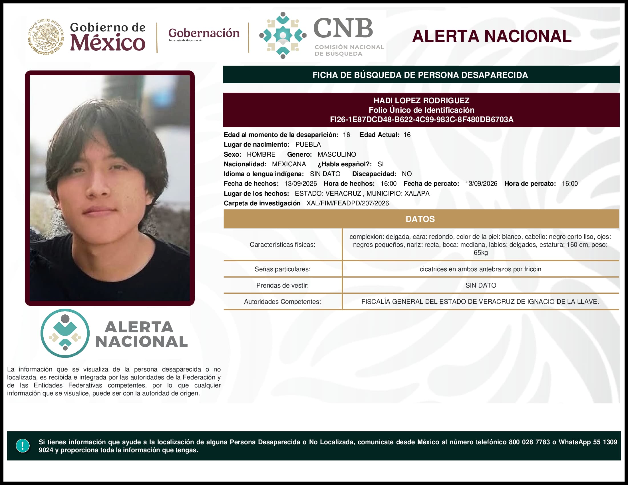 Persona desaparecida Hadi Lopez Rodriguez