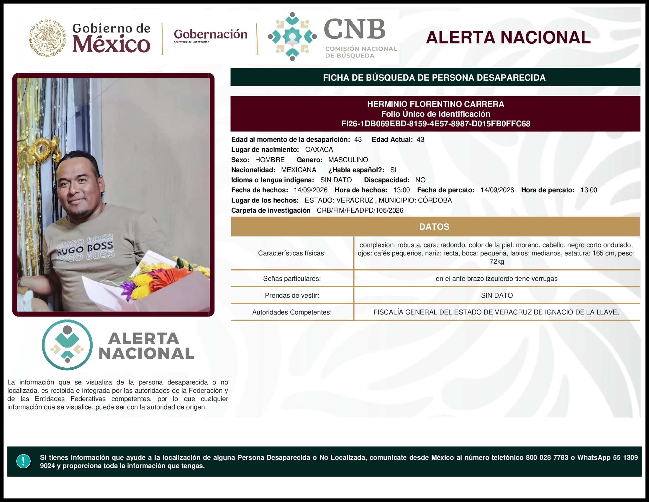 Persona desaparecida Herminio Florentino Carrera