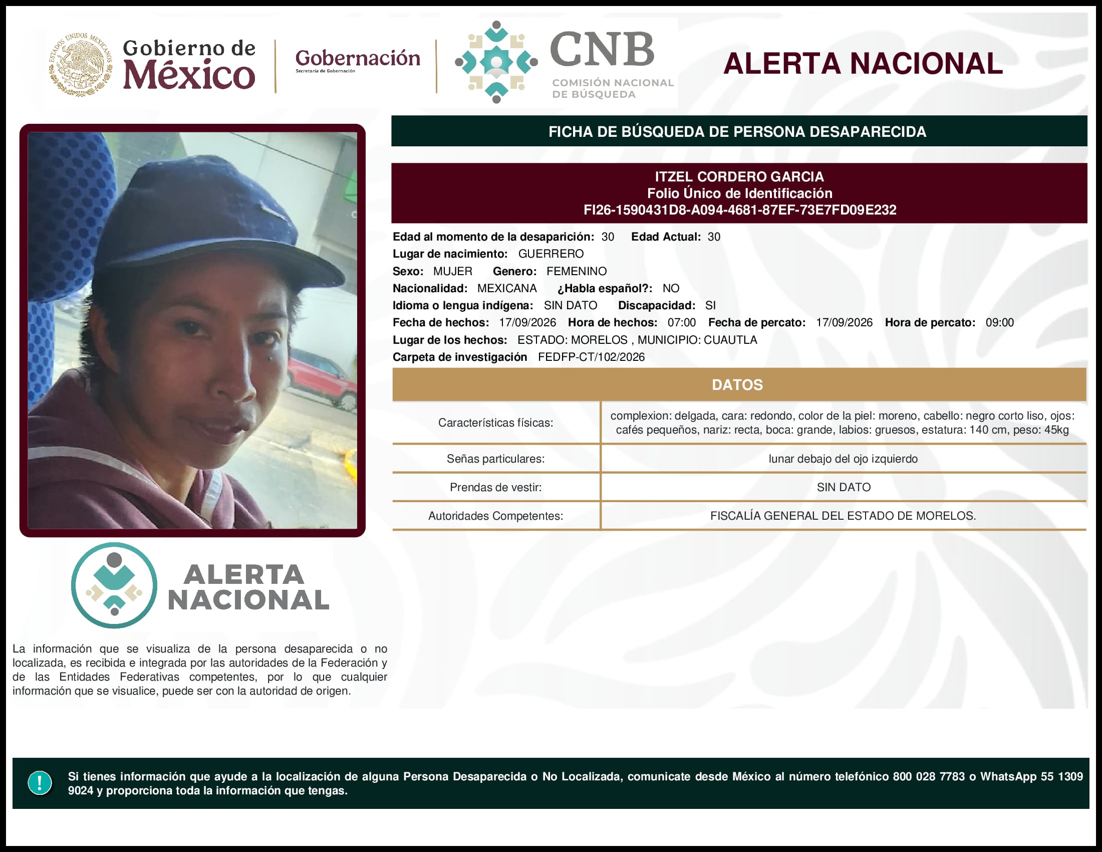 Persona desaparecida Itzel Cordero Garcia