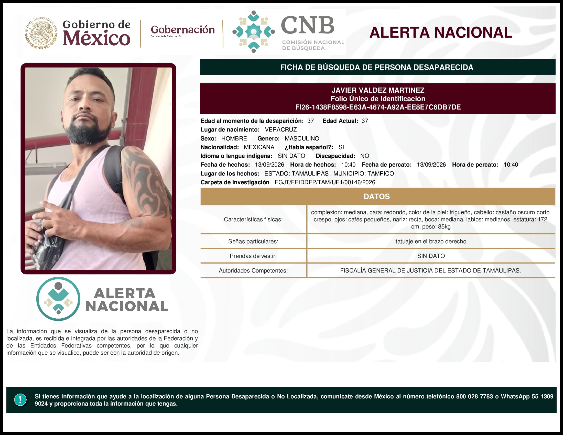 Persona desaparecida Javier Valdez Martinez