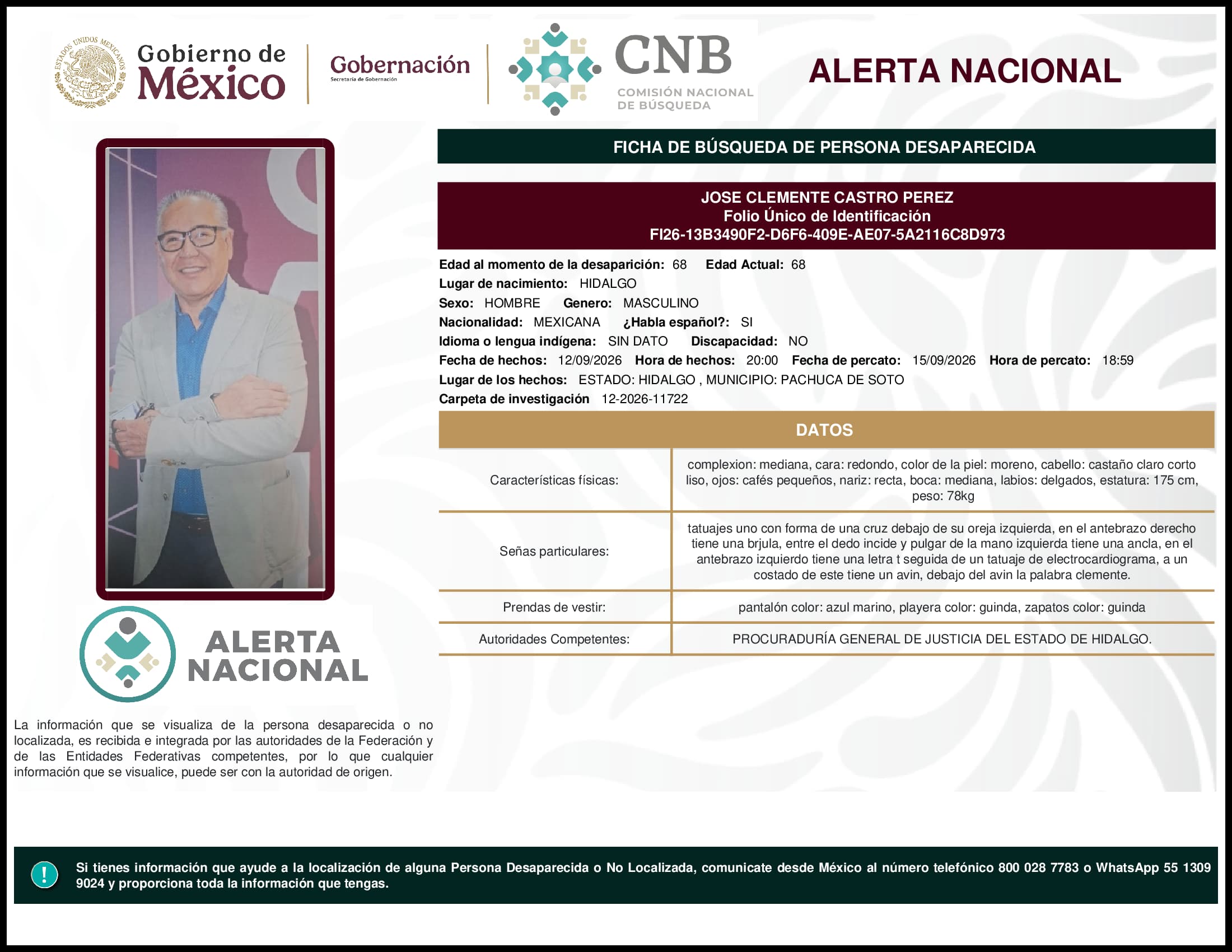 Persona desaparecida Jose Clemente Castro Perez