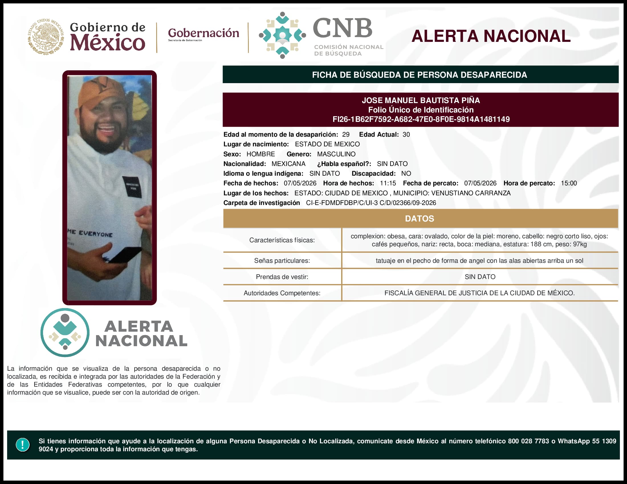 Persona desaparecida Jose Manuel Bautista Pina
