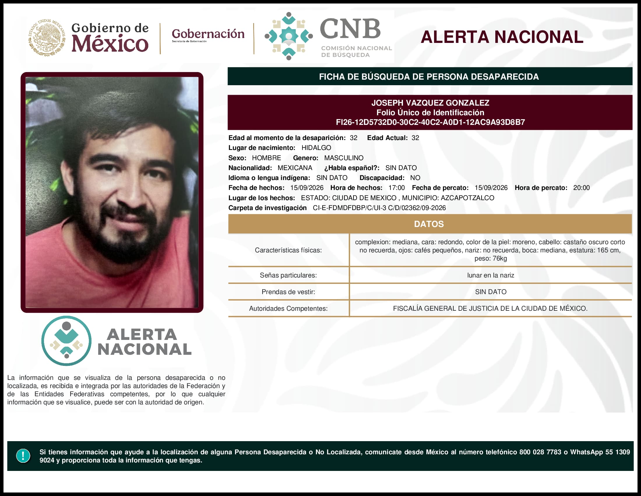 Persona desaparecida Joseph Vazquez Gonzalez