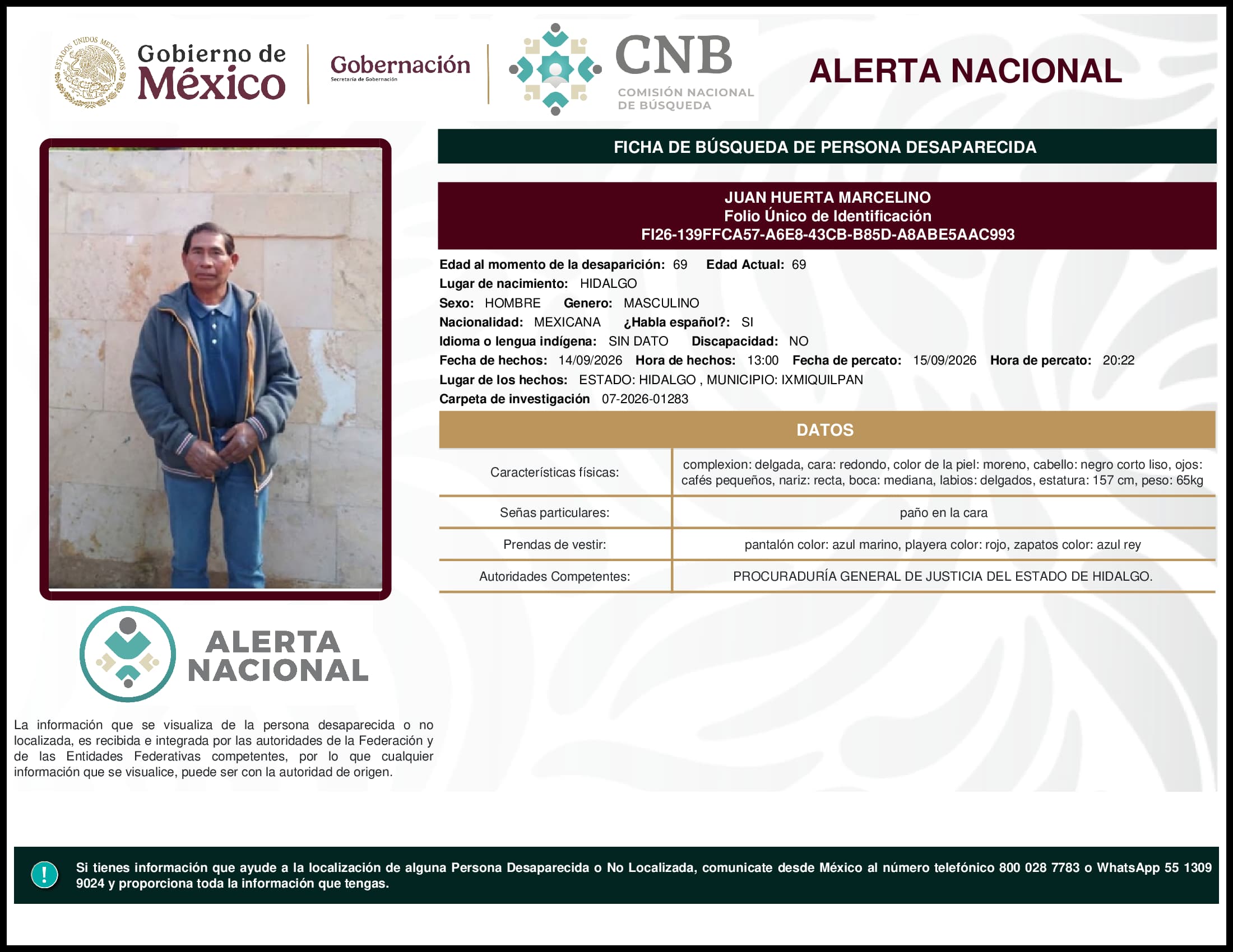 Persona desaparecida Juan Huerta Marcelino