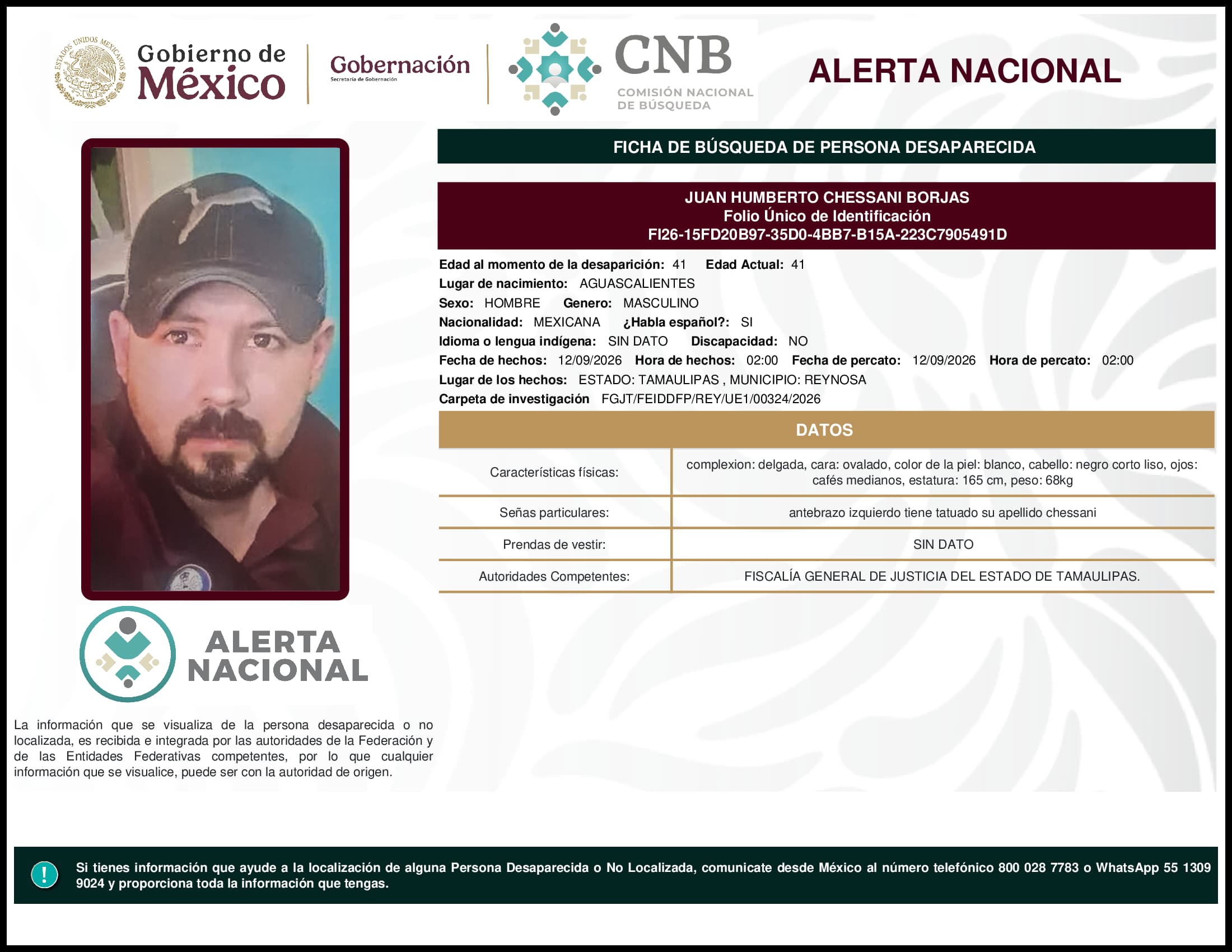 Persona desaparecida Juan Humberto Chessani Borjas