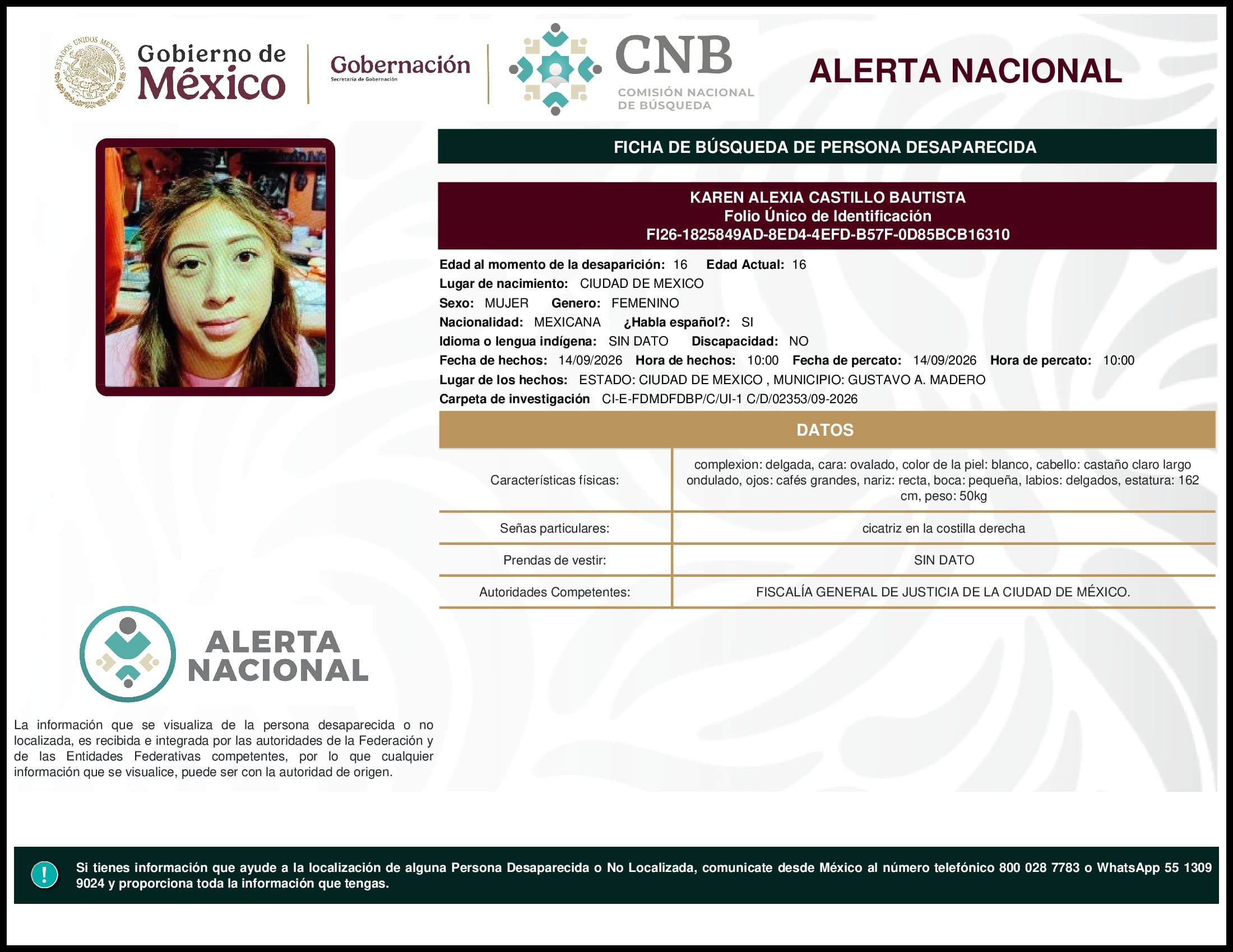 Persona desaparecida Karen Alexia Castillo Bautista