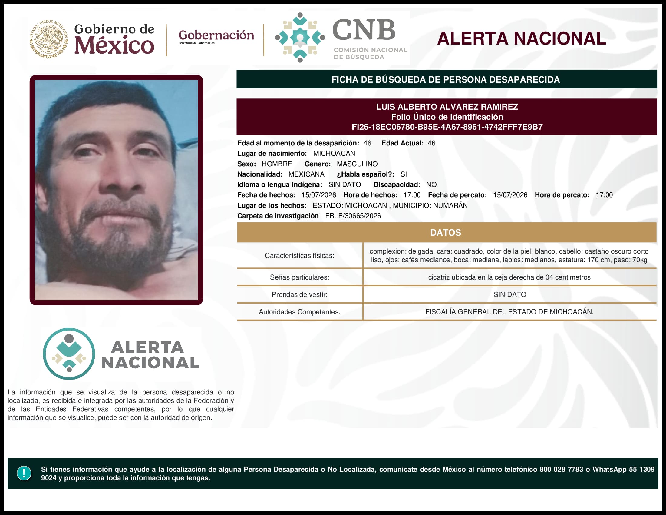 Persona desaparecida Luis Alberto Alvarez Ramirez
