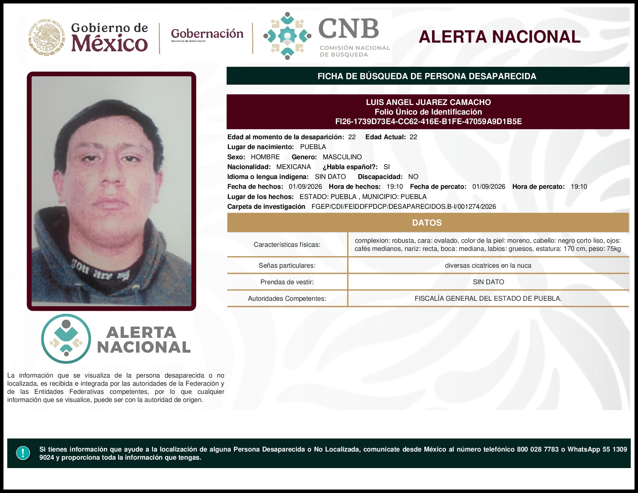 Persona desaparecida Luis Angel Juarez Camacho