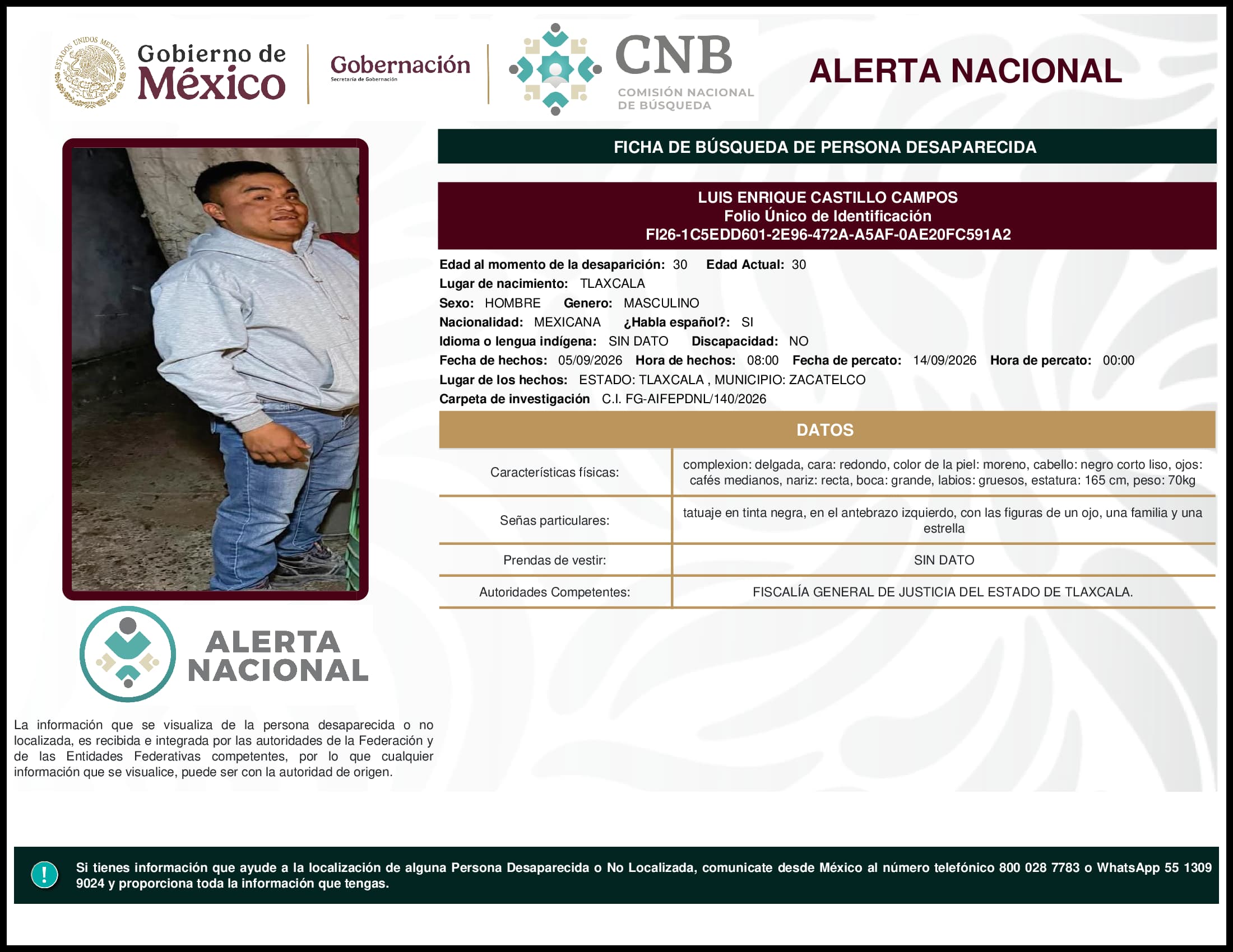 Persona desaparecida Luis Enrique Castillo Campos