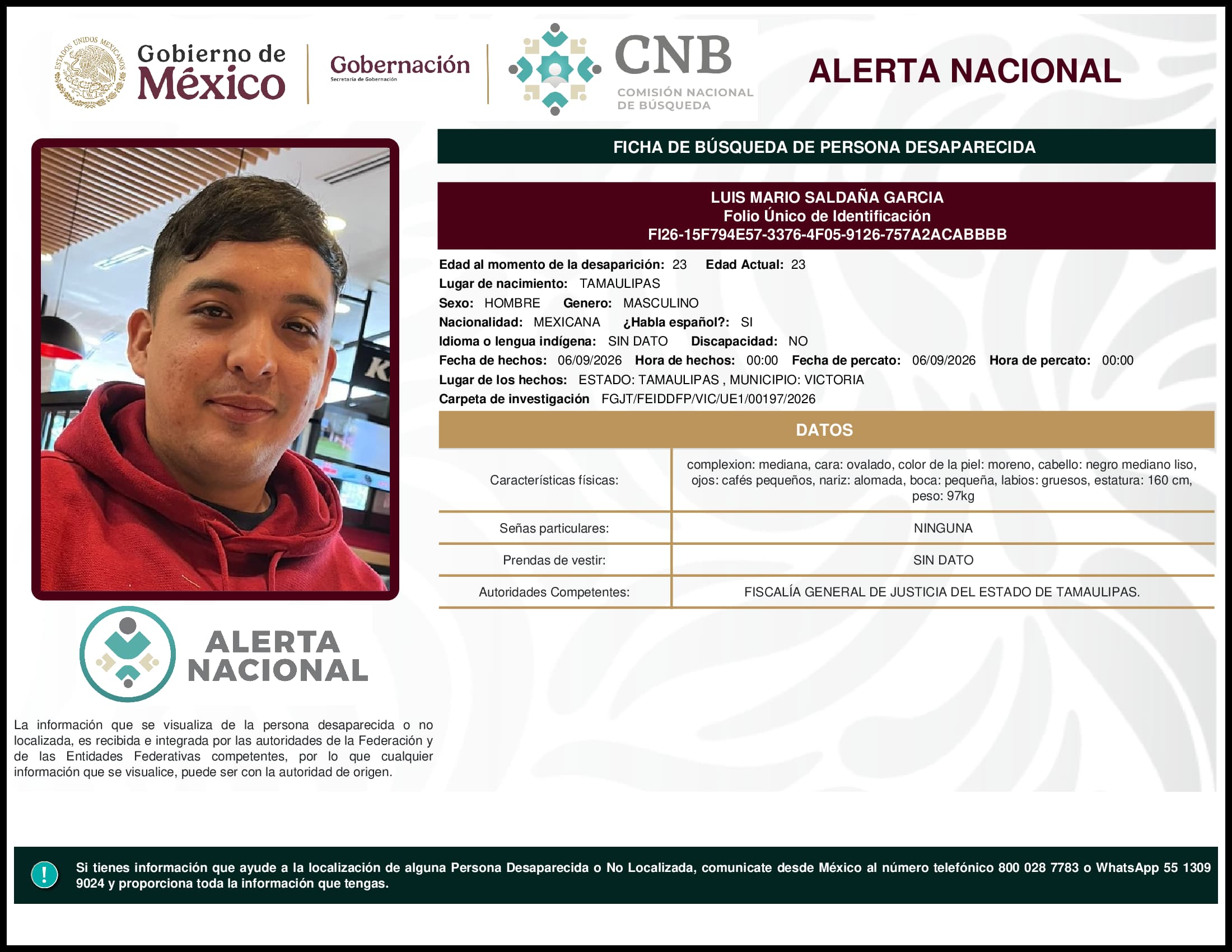 Persona desaparecida Luis Mario Saldana Garcia