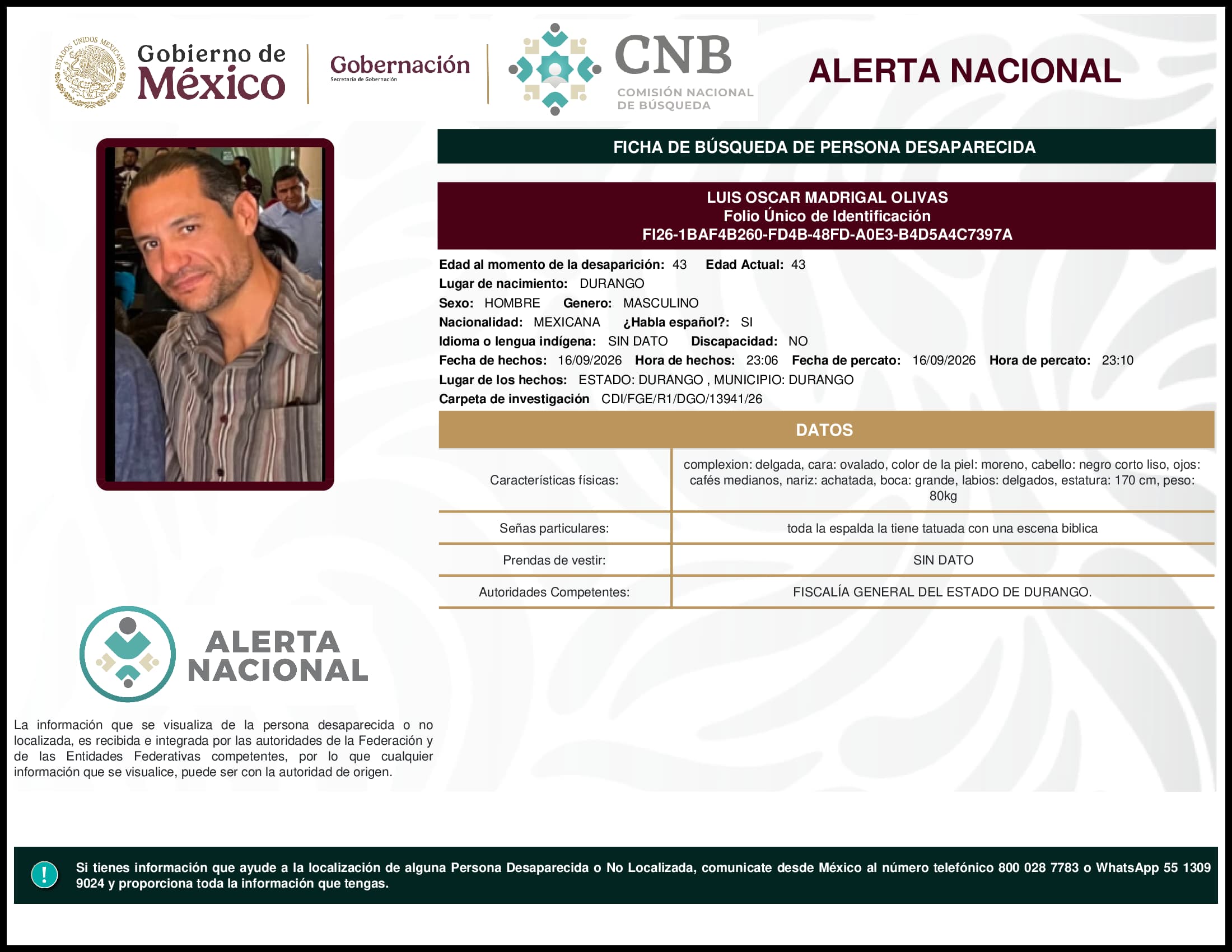 Persona desaparecida Luis Oscar Madrigal Olivas