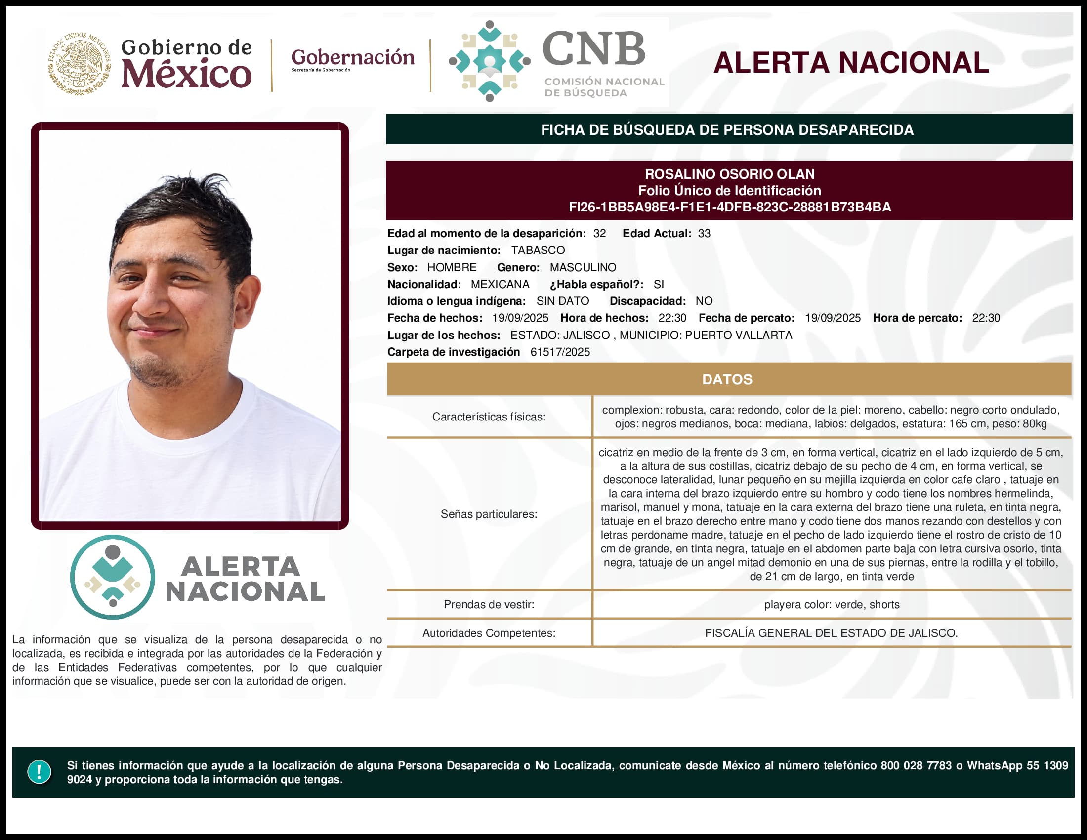 Persona desaparecida Rosalino Osorio Olan
