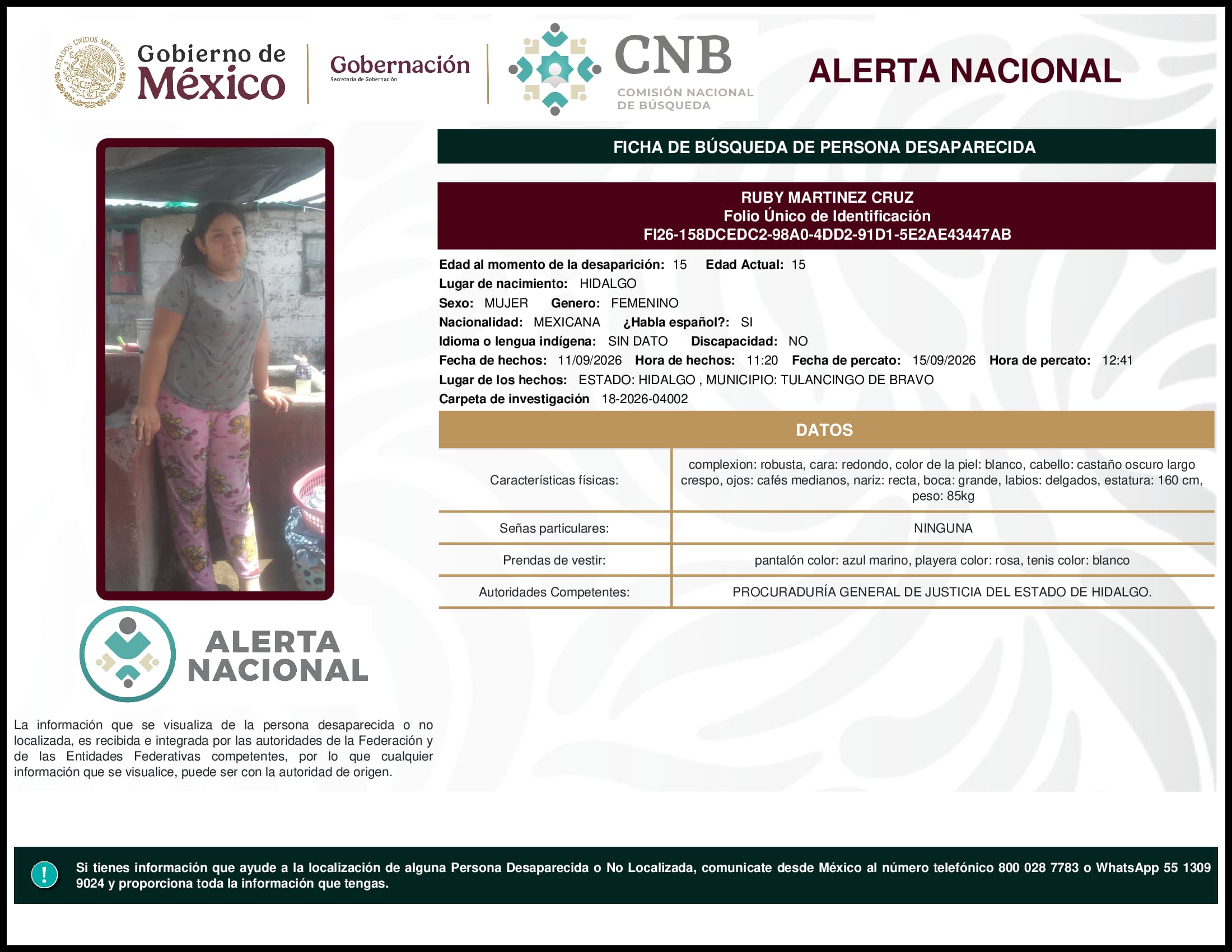 Persona desaparecida Ruby Martinez Cruz