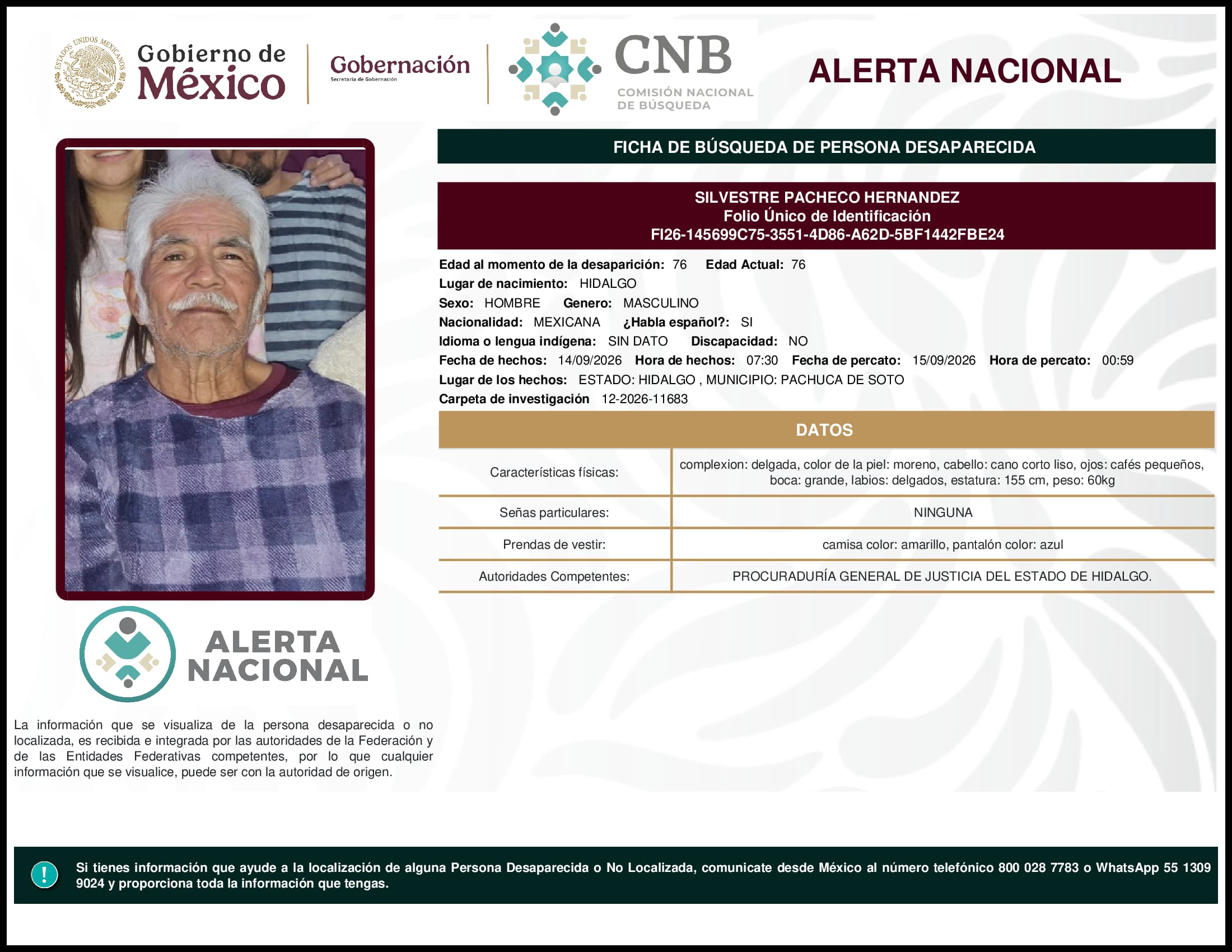 Persona desaparecida Silvestre Pacheco Hernandez
