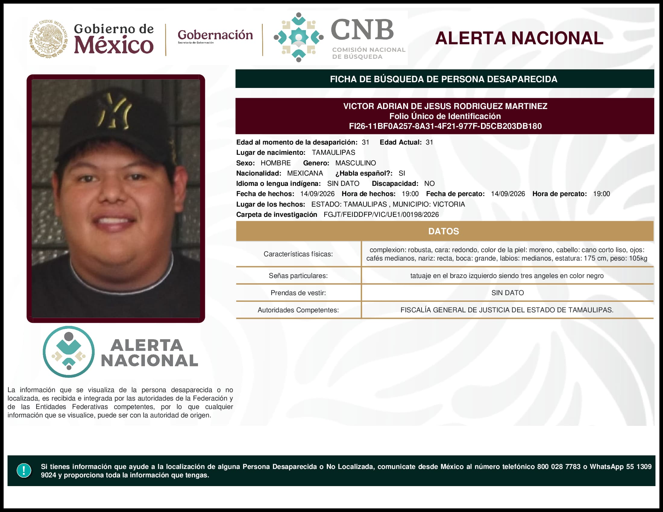 Persona desaparecida Victor Adrian De Jesus Rodriguez Martinez