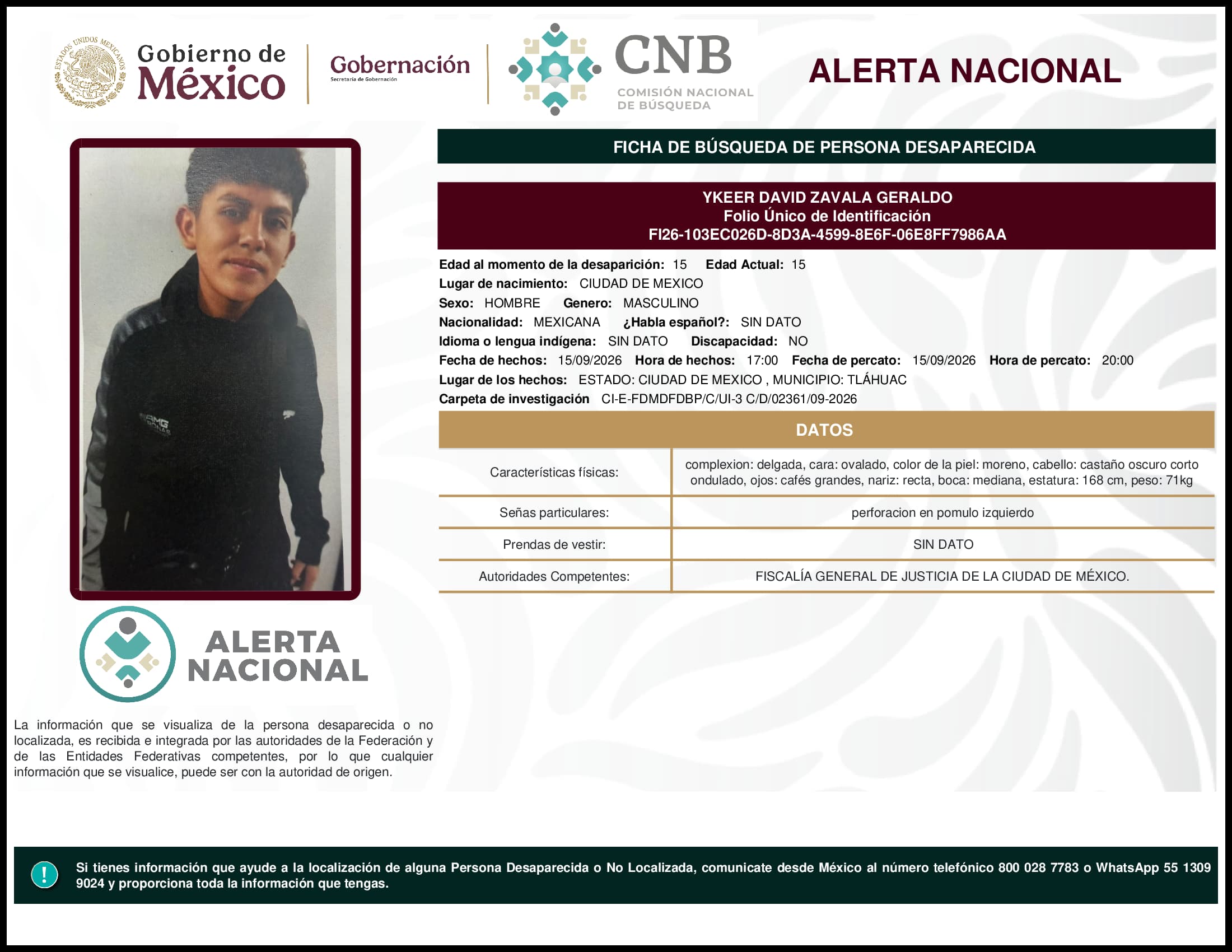 Persona desaparecida Ykeer David Zavala Geraldo