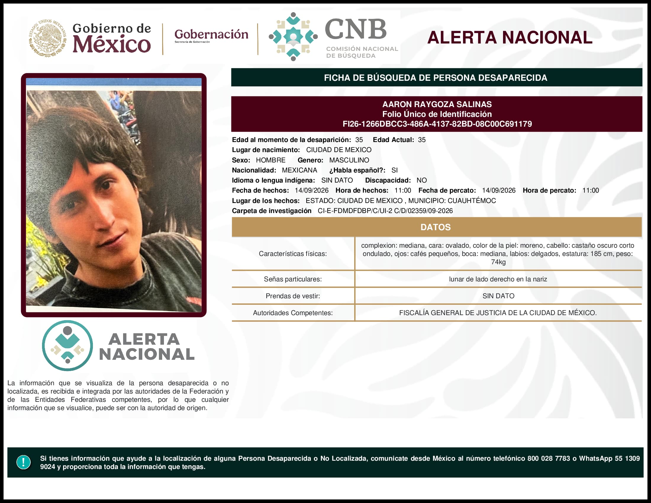 Persona desaparecida Aaron Raygoza Salinas