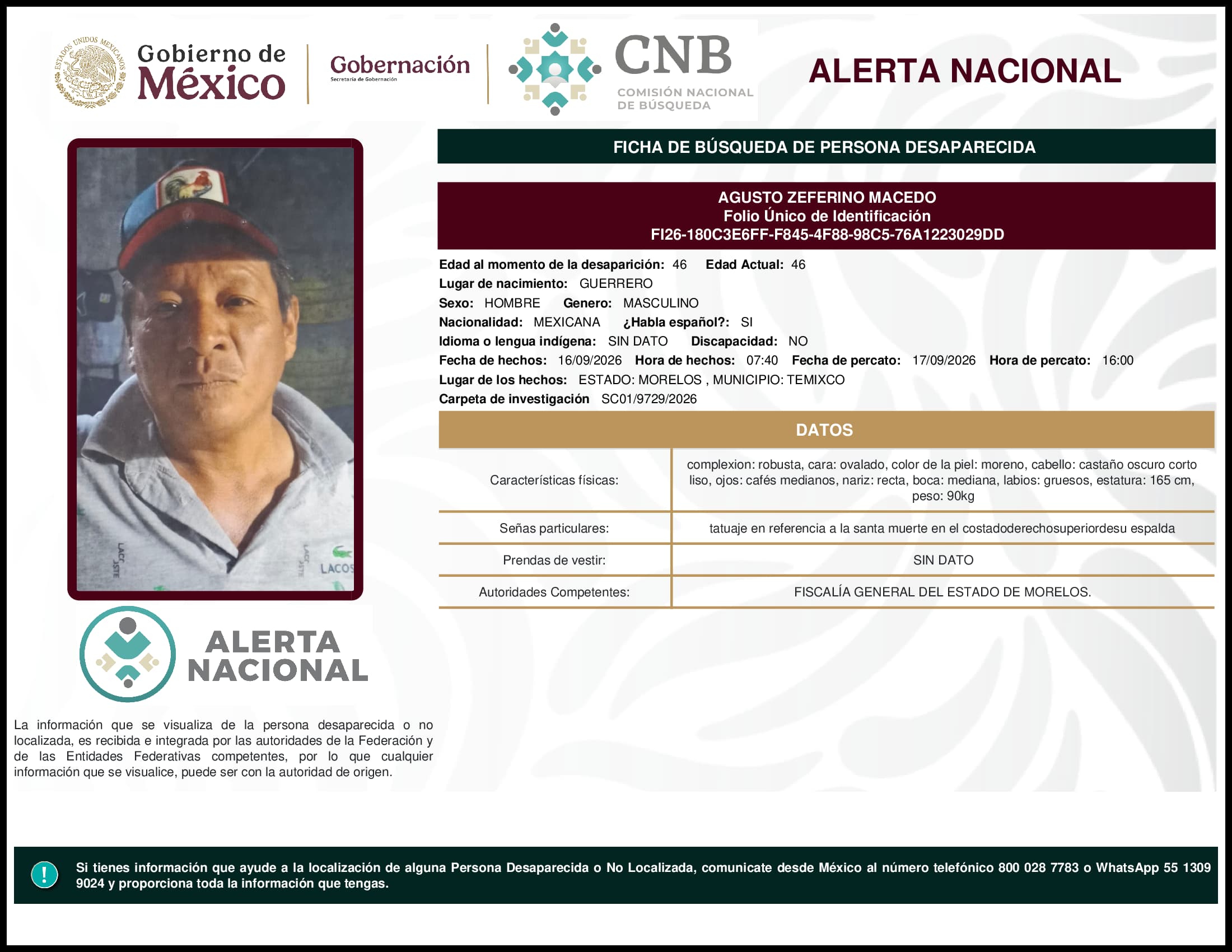 Persona desaparecida Agusto Zeferino Macedo