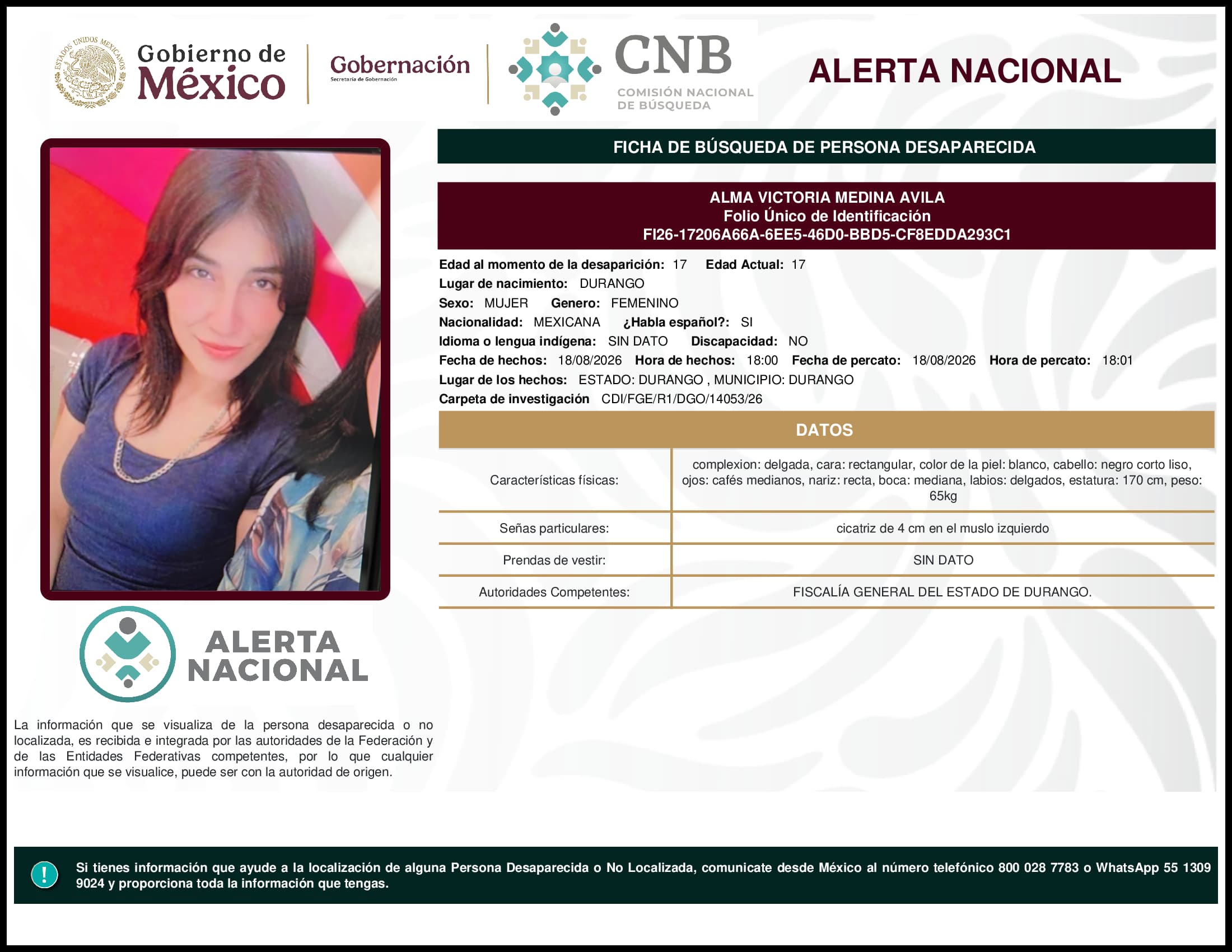 Persona desaparecida Alma Victoria Medina Avila