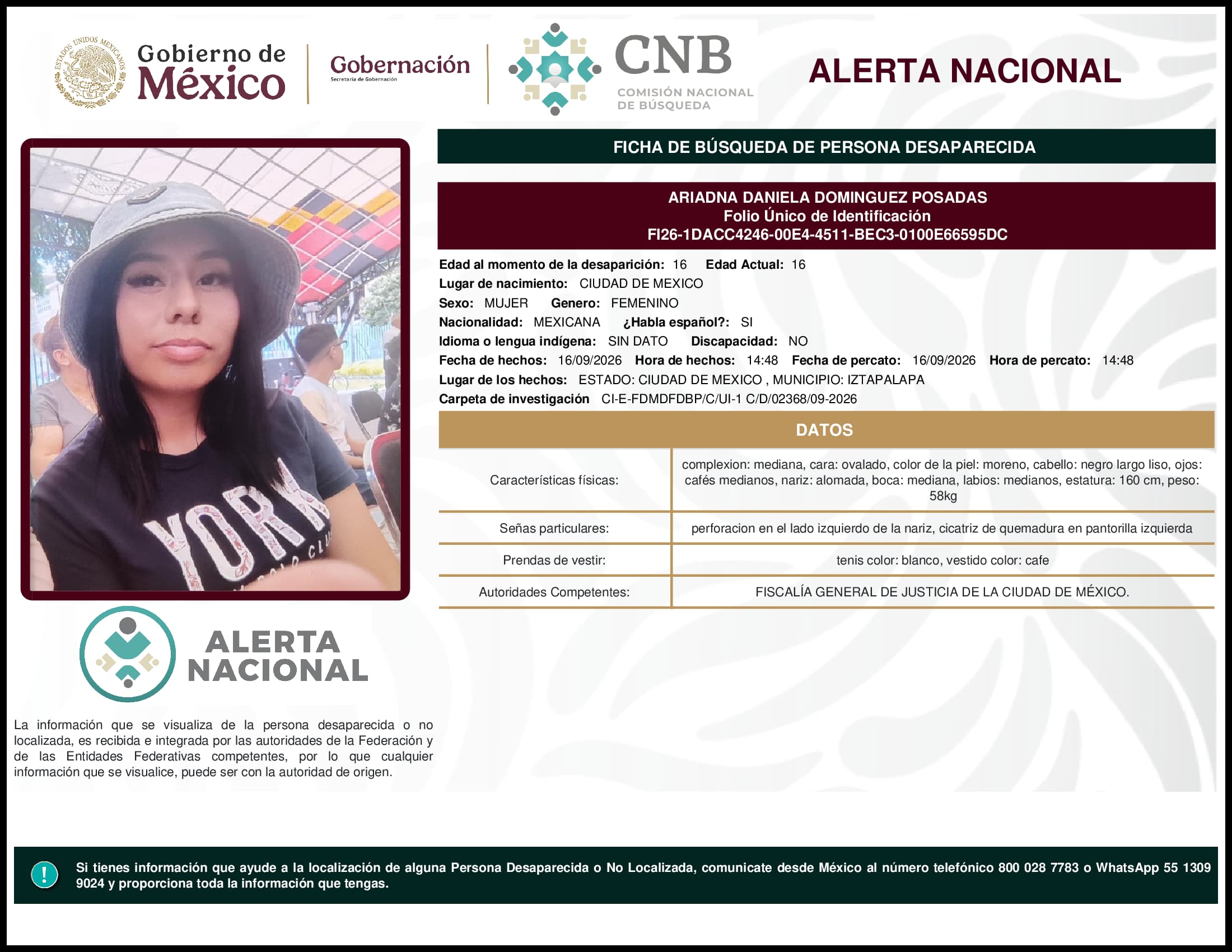 Persona desaparecida Ariadna Daniela Dominguez Posadas