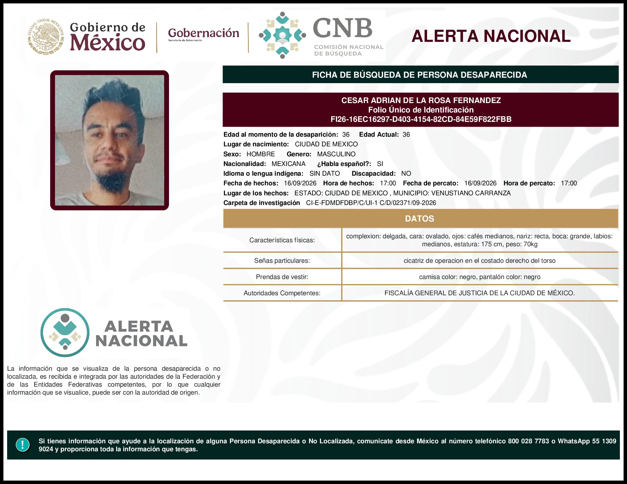 Persona desaparecida Cesar Adrian De La Rosa Fernandez