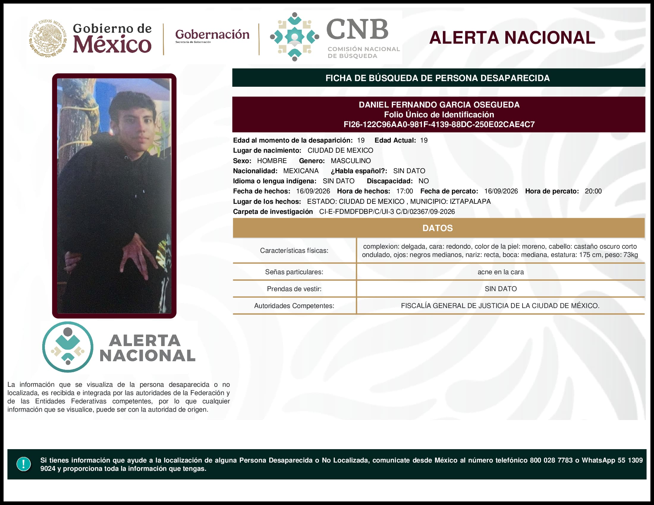 Persona desaparecida Daniel Fernando Garcia Osegueda