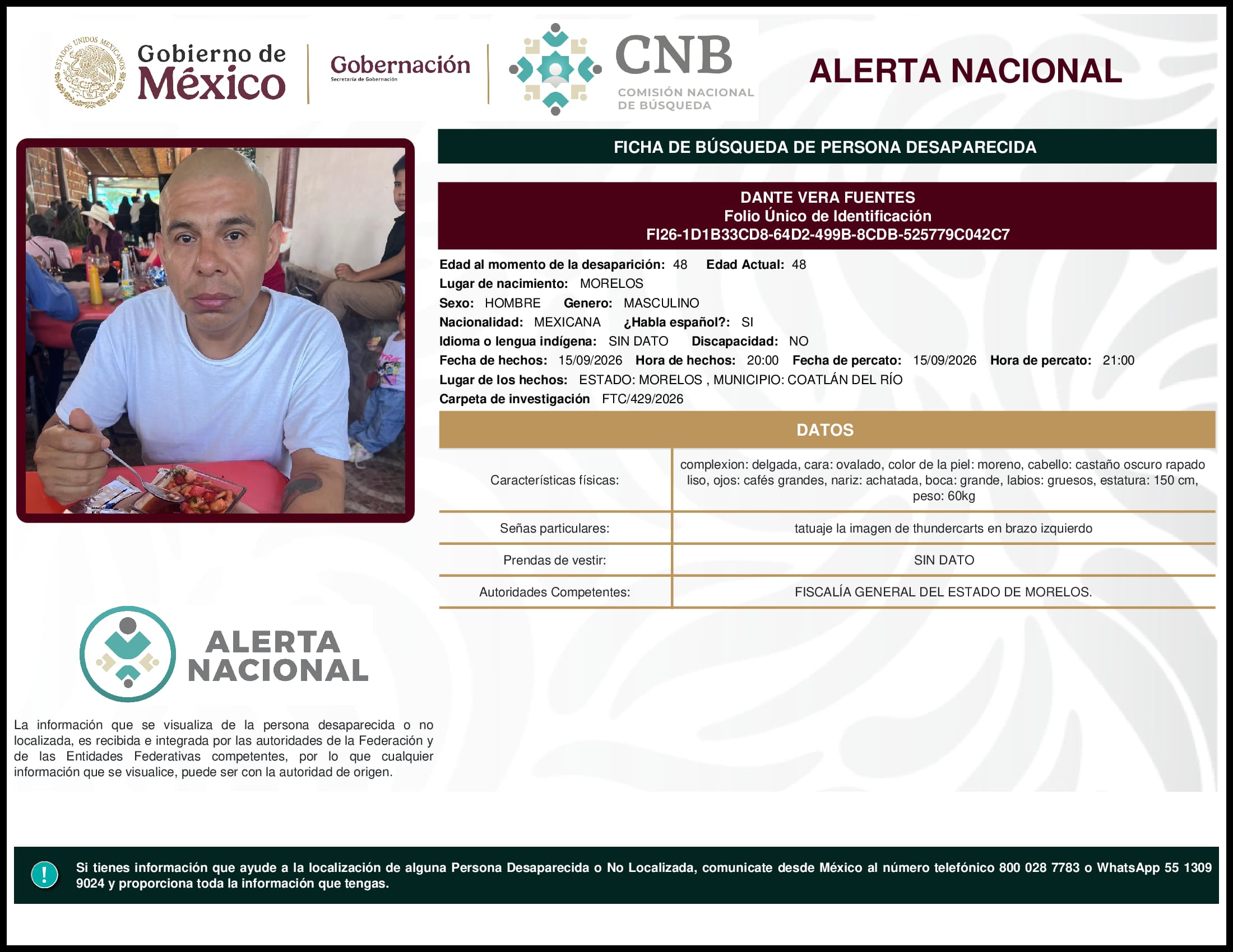 Persona desaparecida Dante Vera Fuentes