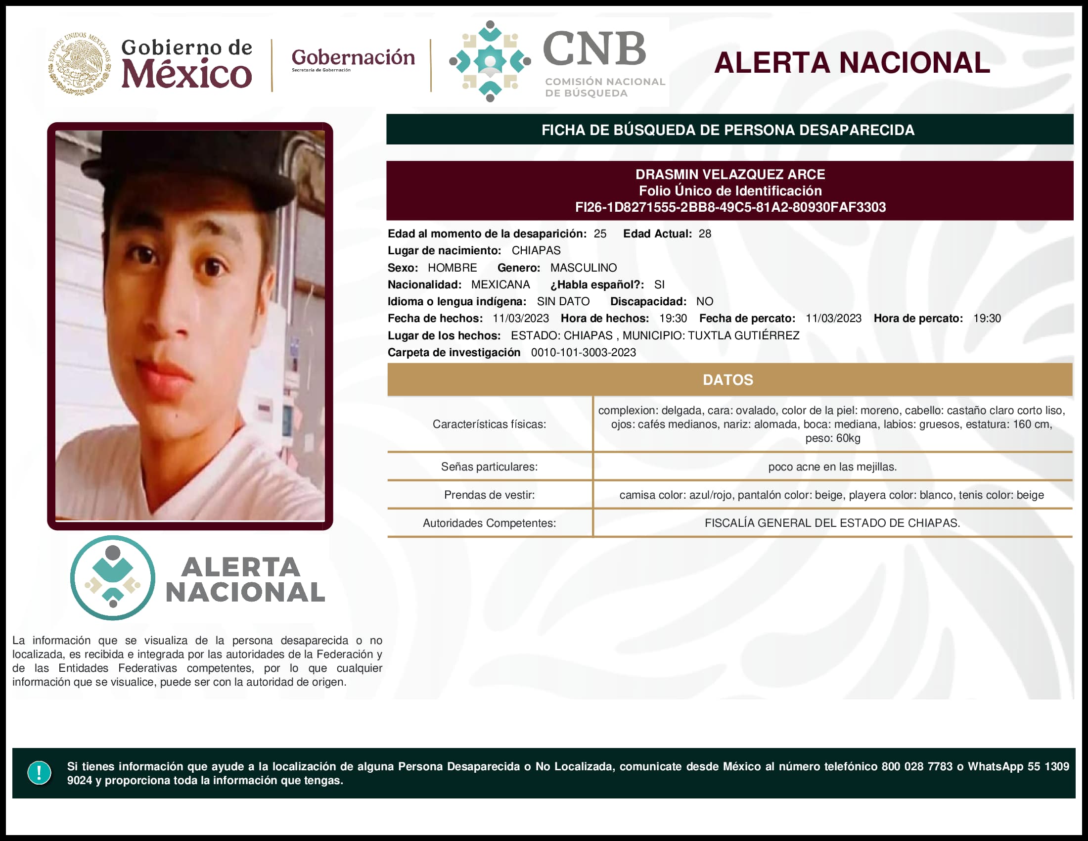 Persona desaparecida Drasmin Velazquez Arce