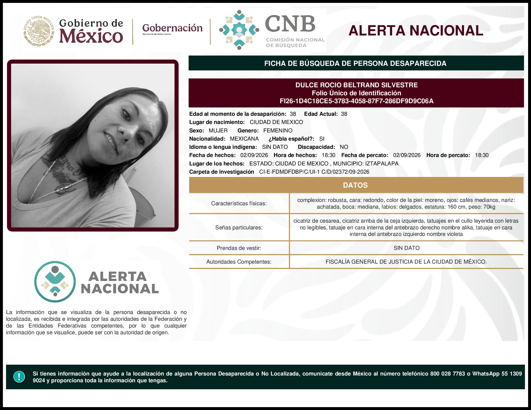 Persona desaparecida Dulce Rocio Beltrand Silvestre