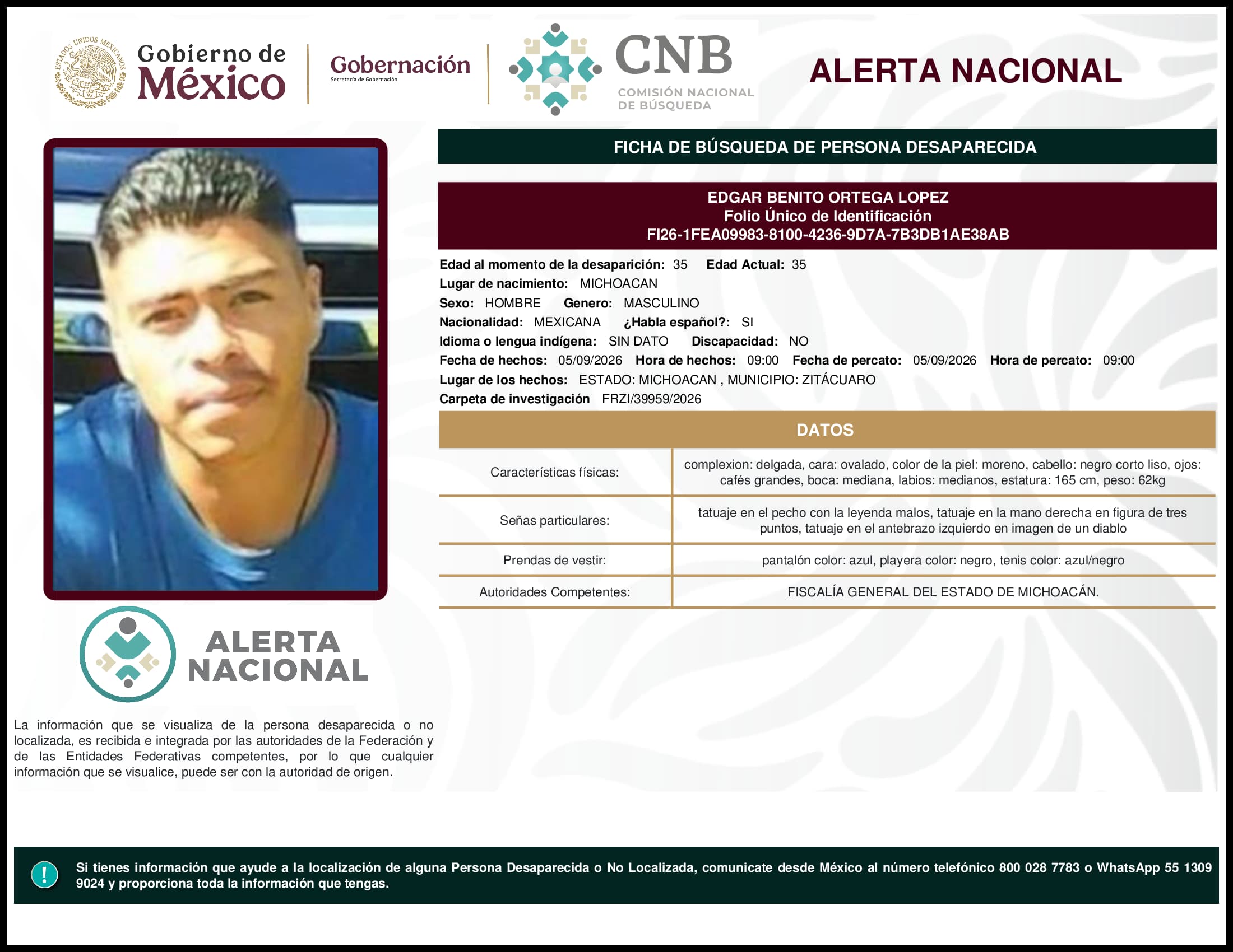 Persona desaparecida Edgar Benito Ortega Lopez