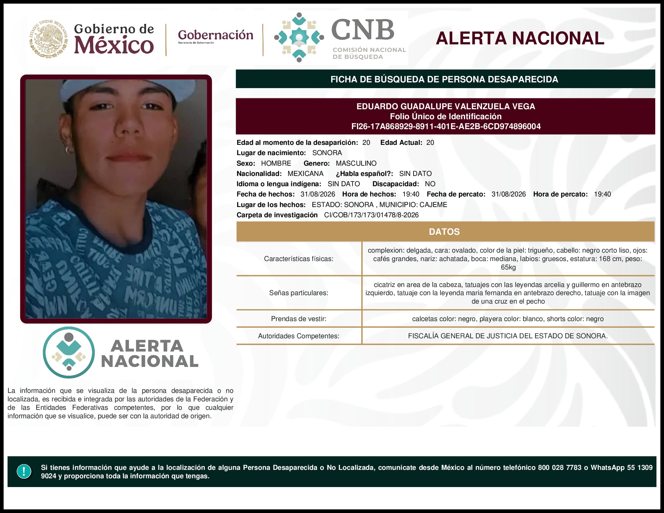 Persona desaparecida Eduardo Guadalupe Valenzuela Vega