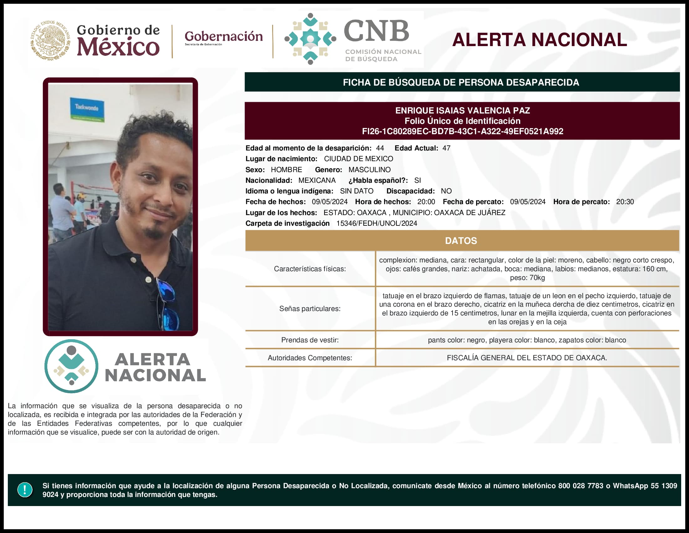 Persona desaparecida Enrique Isaias Valencia Paz