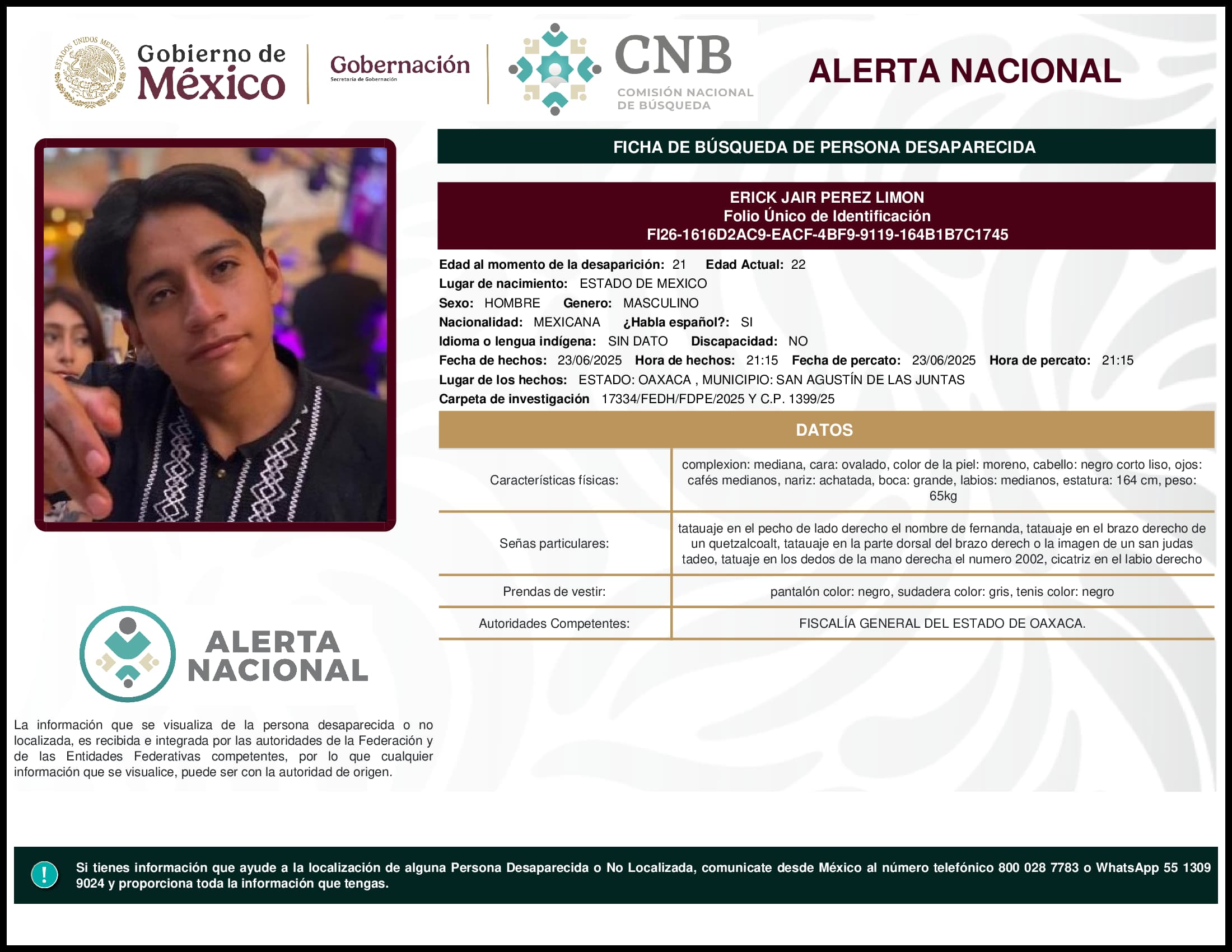 Persona desaparecida Erick Jair Perez Limon