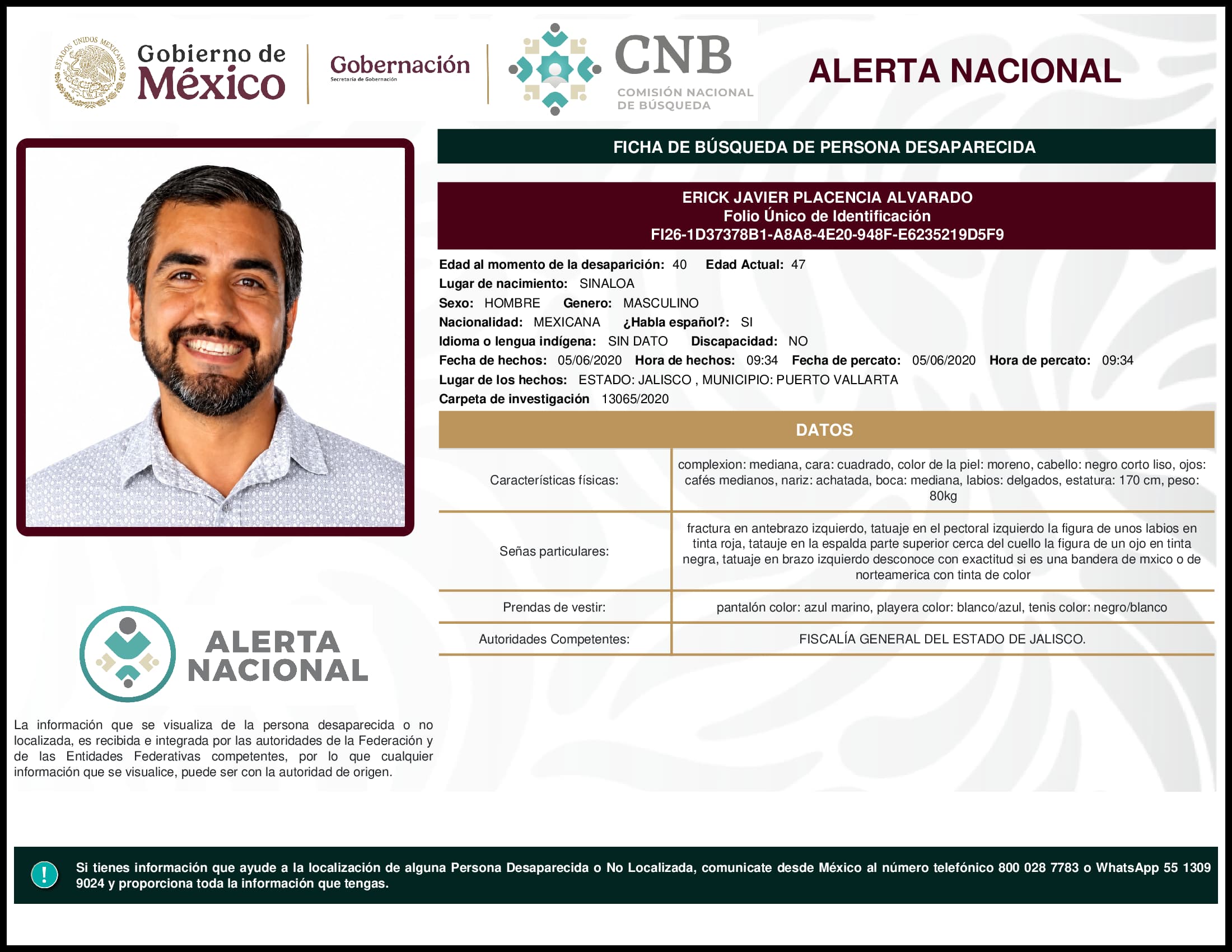 Persona desaparecida Erick Javier Placencia Alvarado