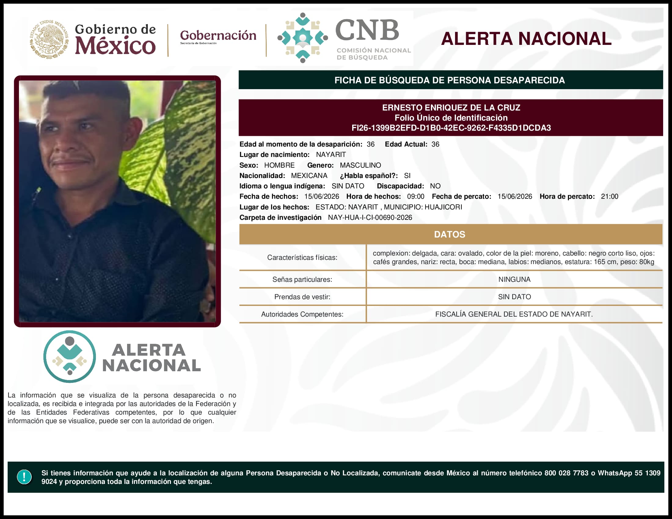 Persona desaparecida Ernesto Enriquez De La Cruz