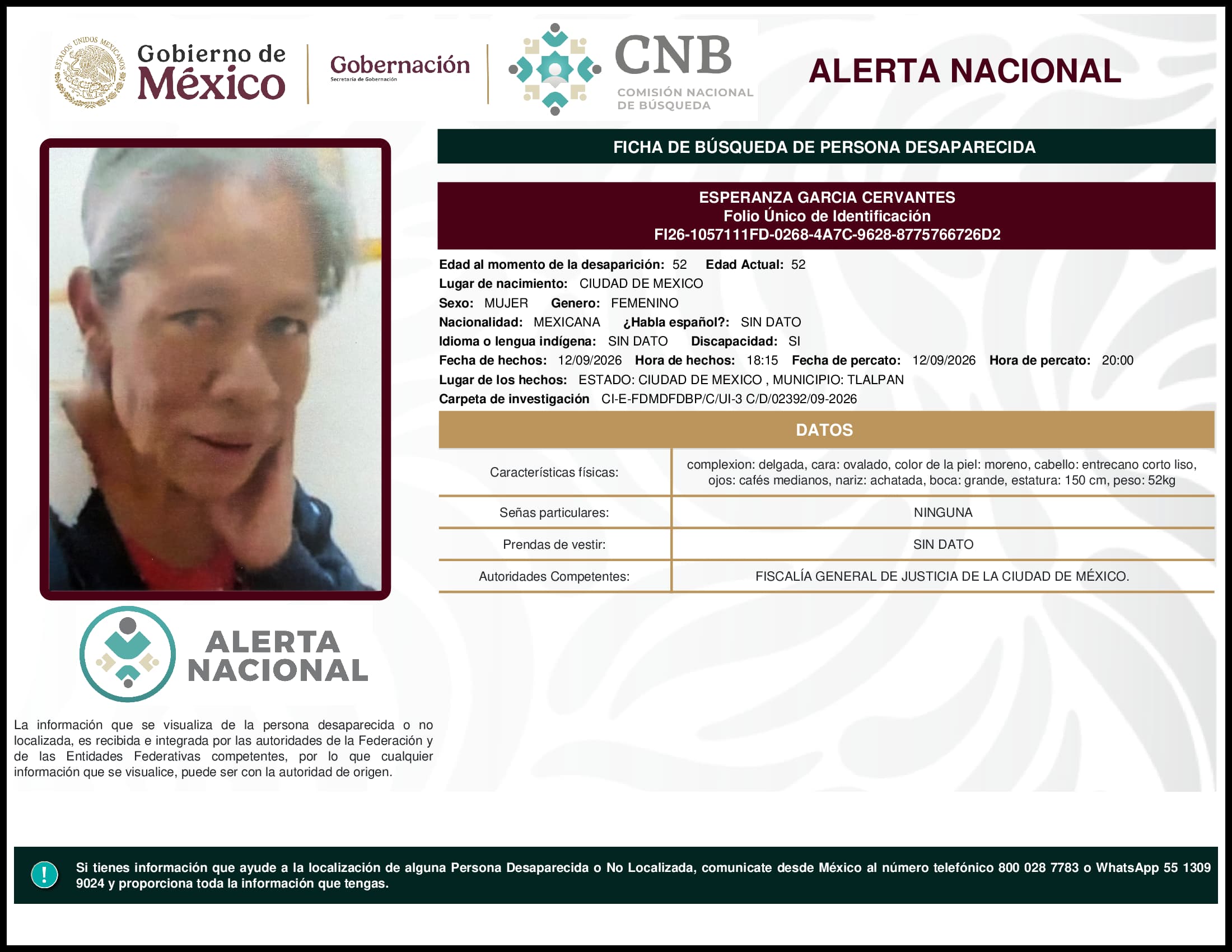 Persona desaparecida Esperanza Garcia Cervantes
