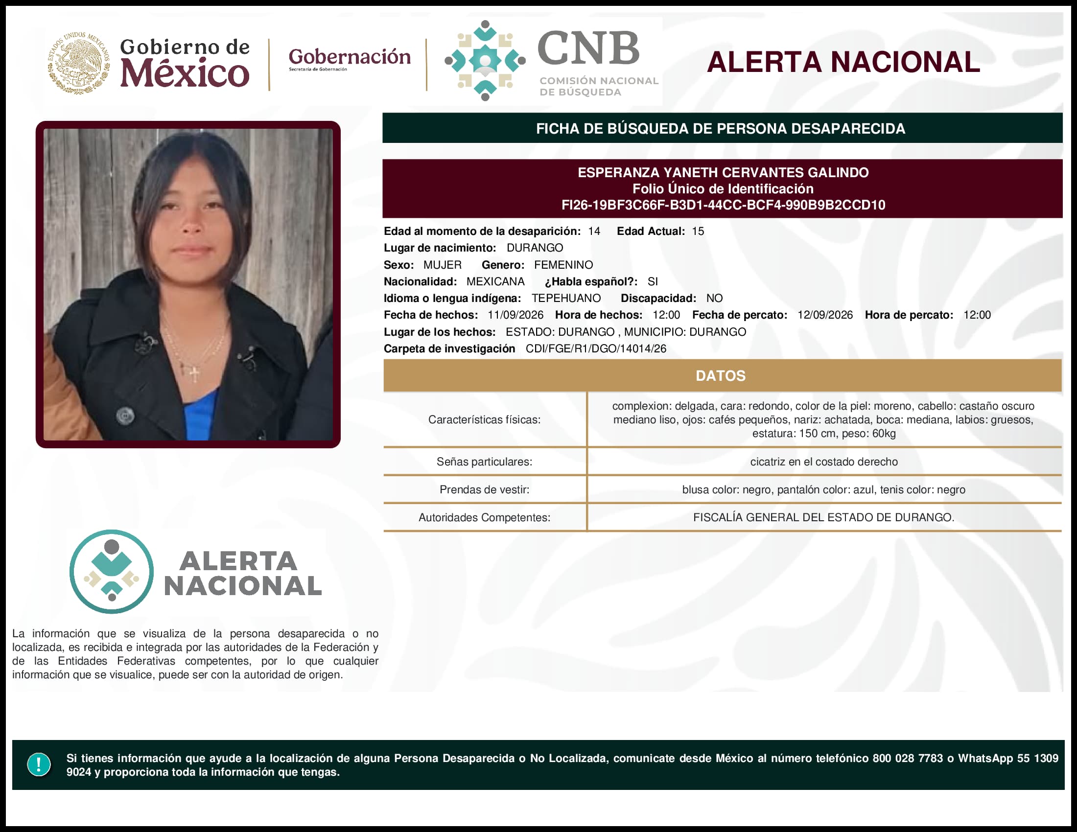 Persona desaparecida Esperanza Yaneth Cervantes Galindo