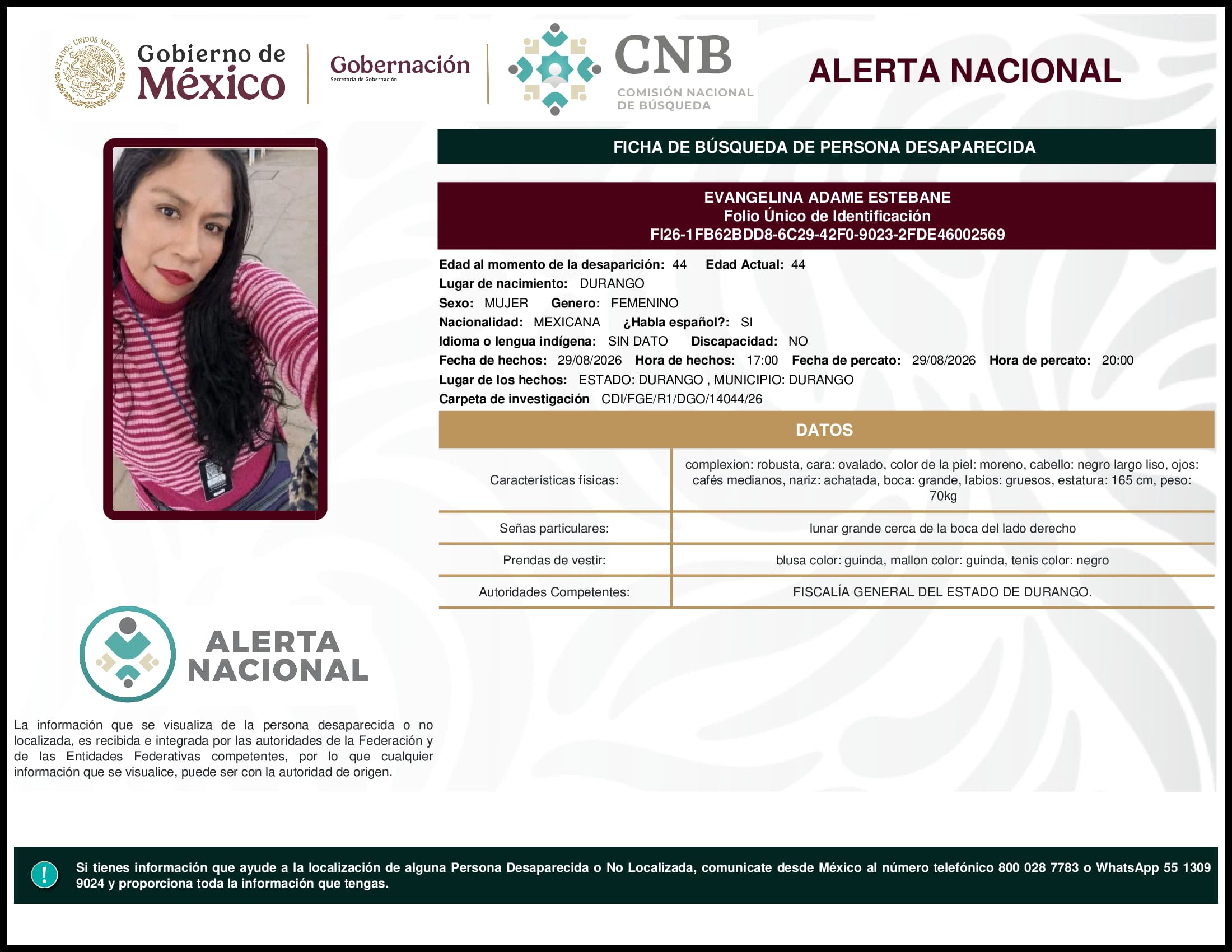Persona desaparecida Evangelina Adame Estebane