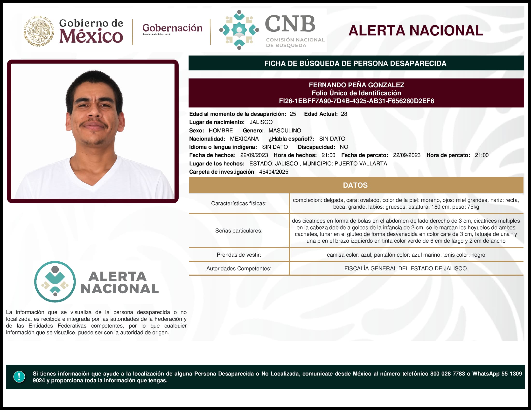 Persona desaparecida Fernando Pena Gonzalez
