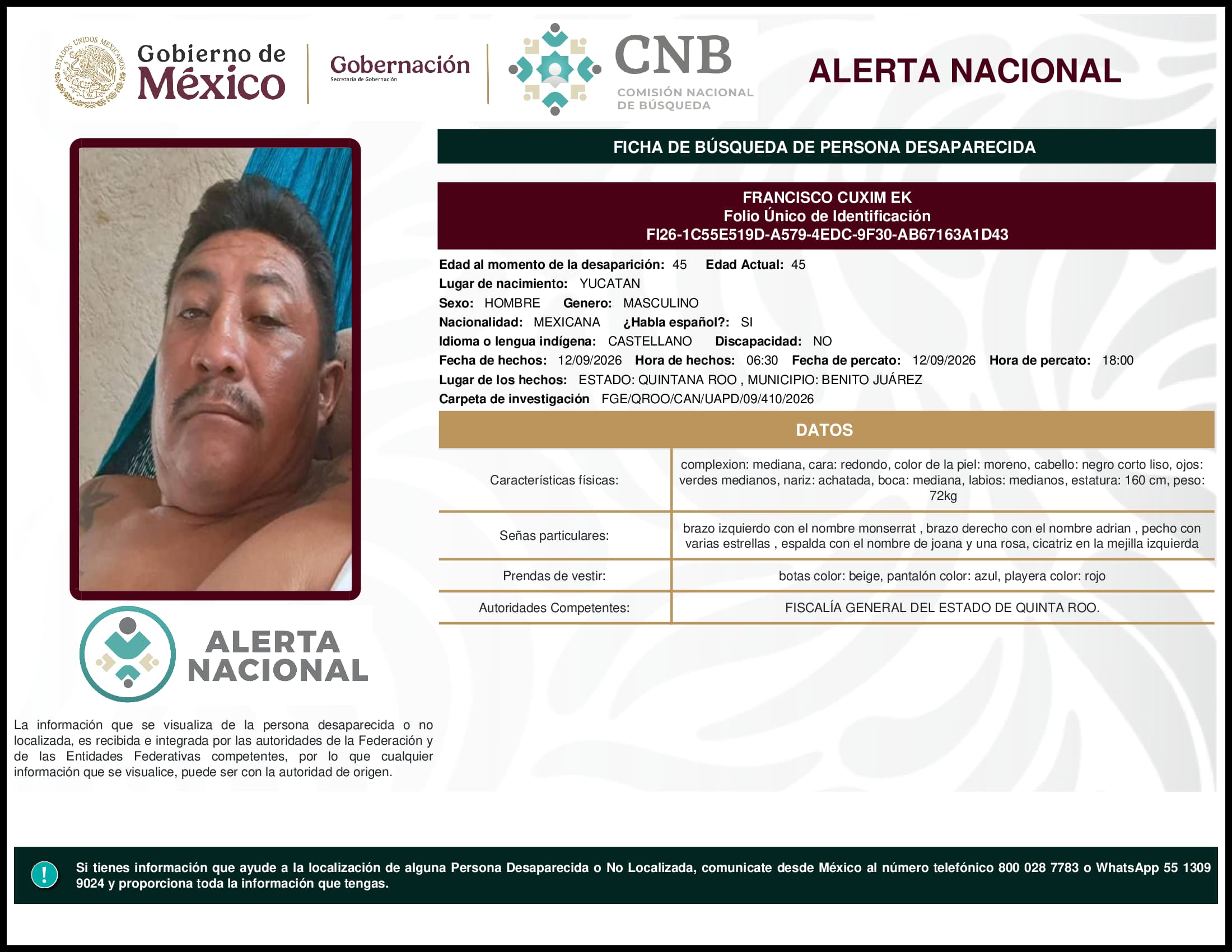 Persona desaparecida Francisco Cuxim Ek