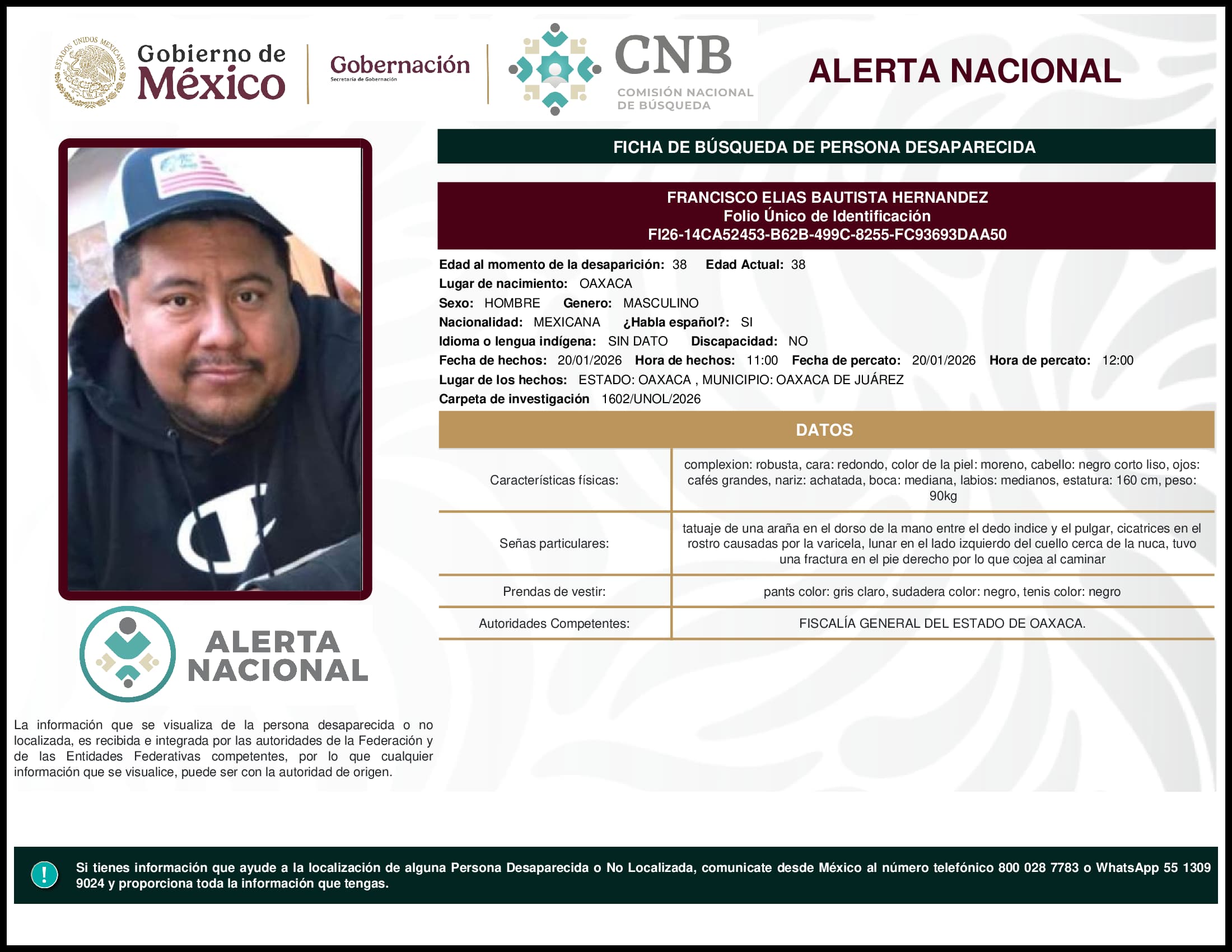Persona desaparecida Francisco Elias Bautista Hernandez