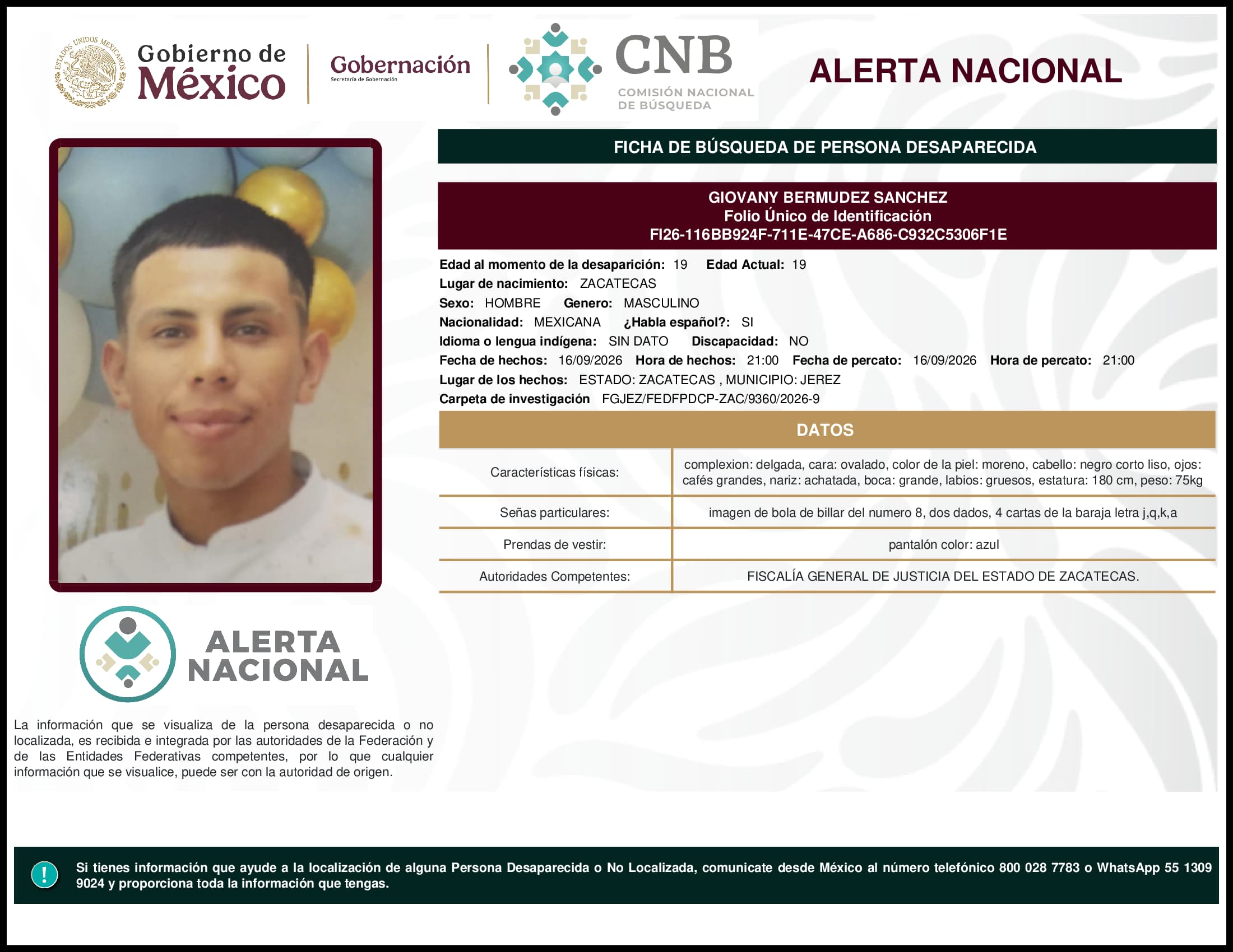 Persona desaparecida Giovany Bermudez Sanchez