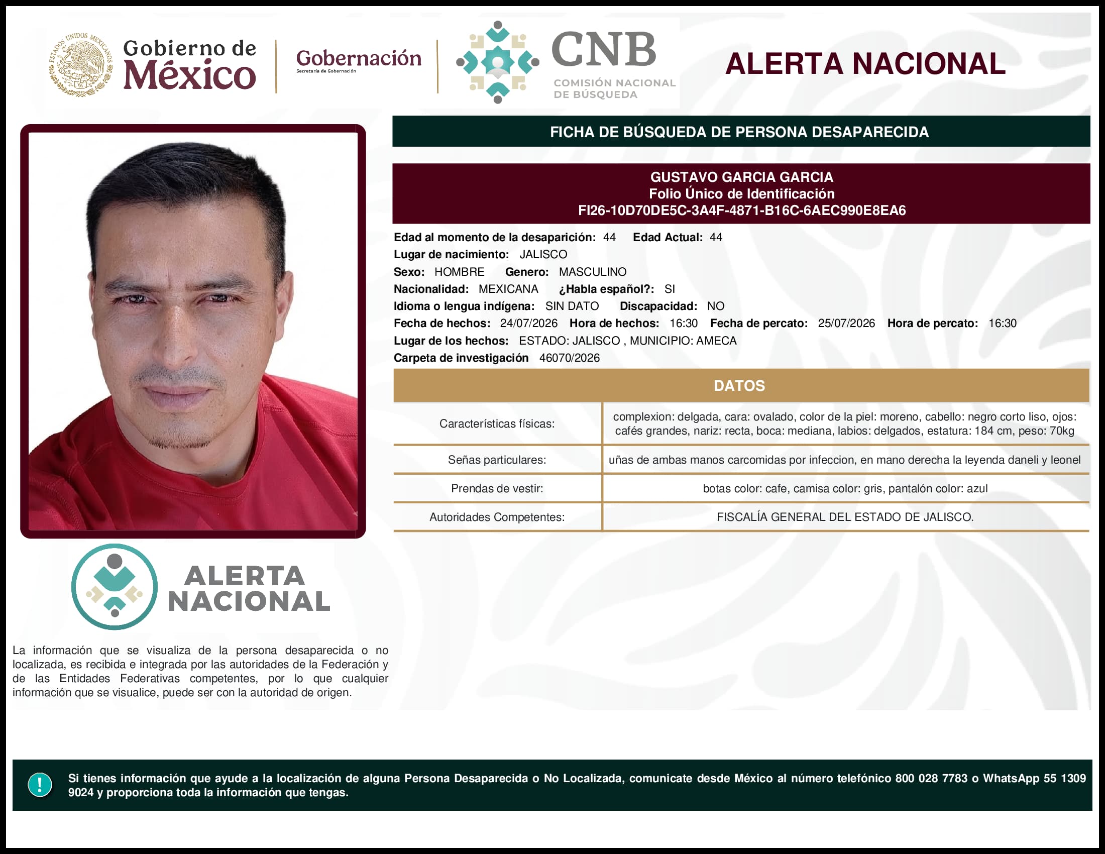 Persona desaparecida Gustavo Garcia Garcia