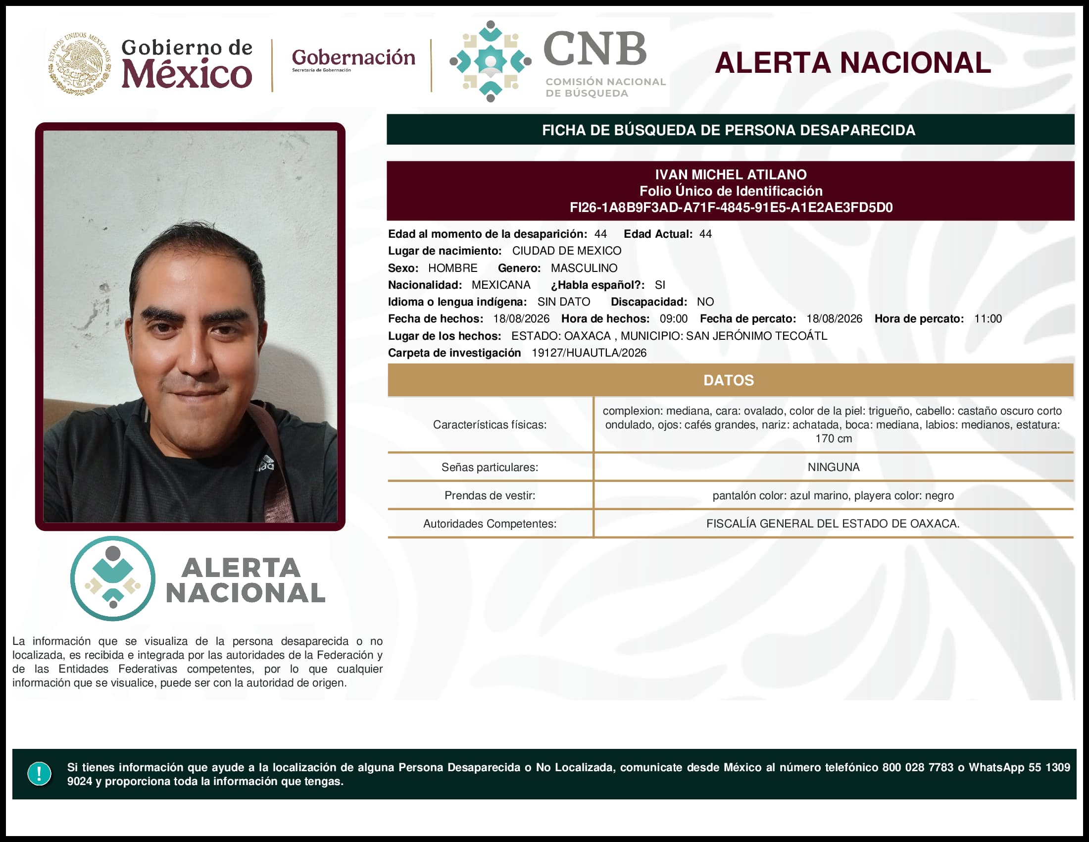 Persona desaparecida Ivan Michel Atilano