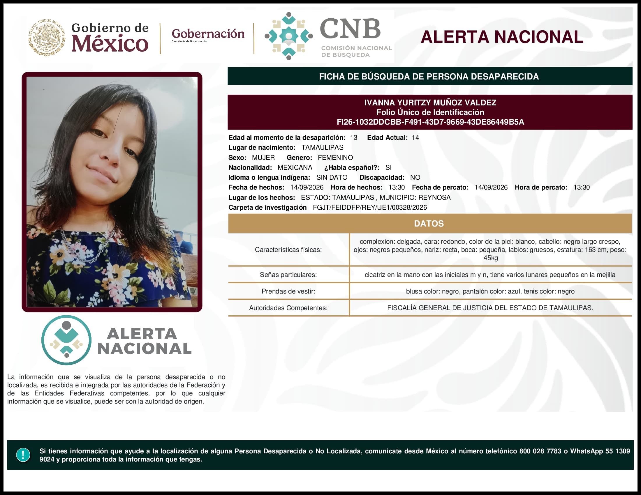 Persona desaparecida Ivanna Yuritzy Munoz Valdez