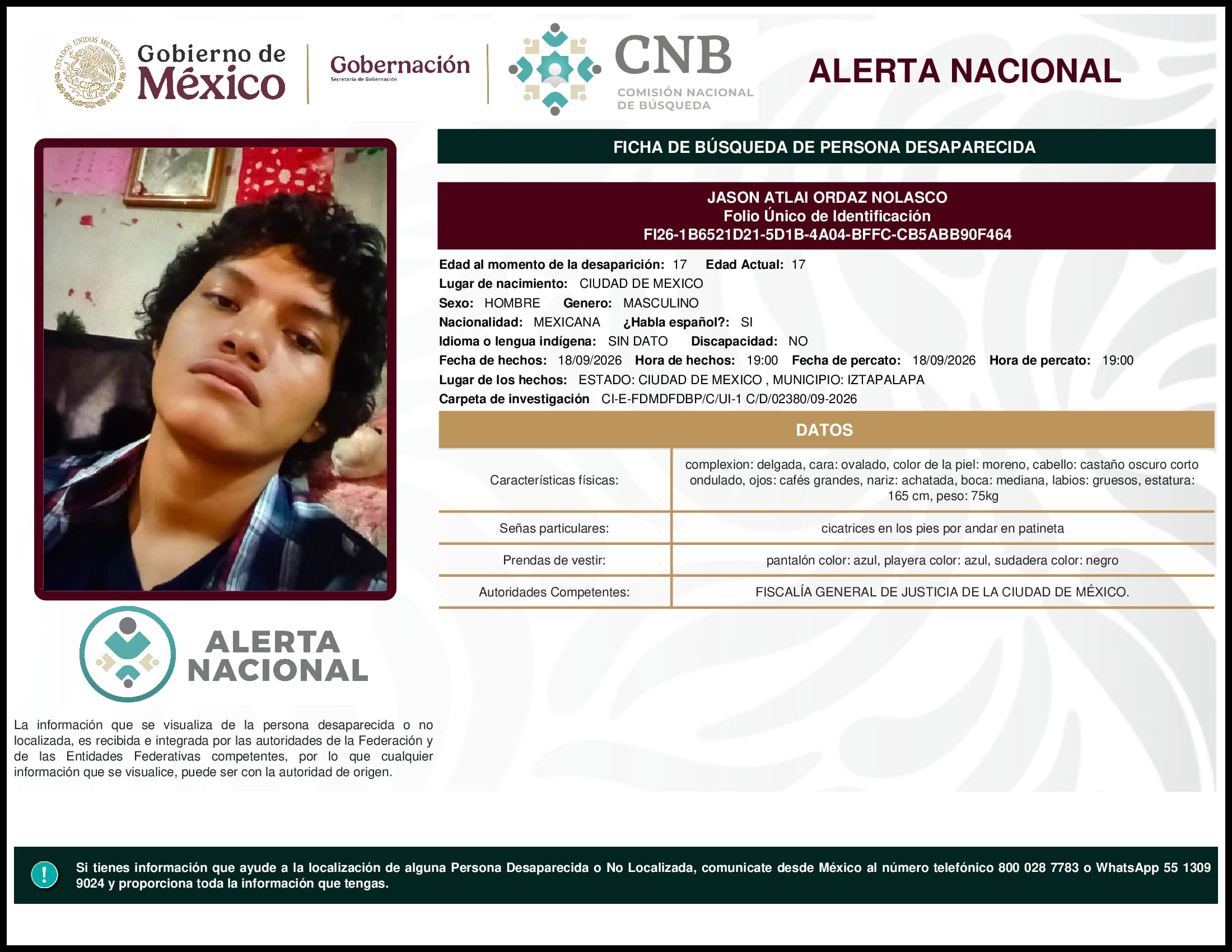 Persona desaparecida Jason Atlai Ordaz Nolasco