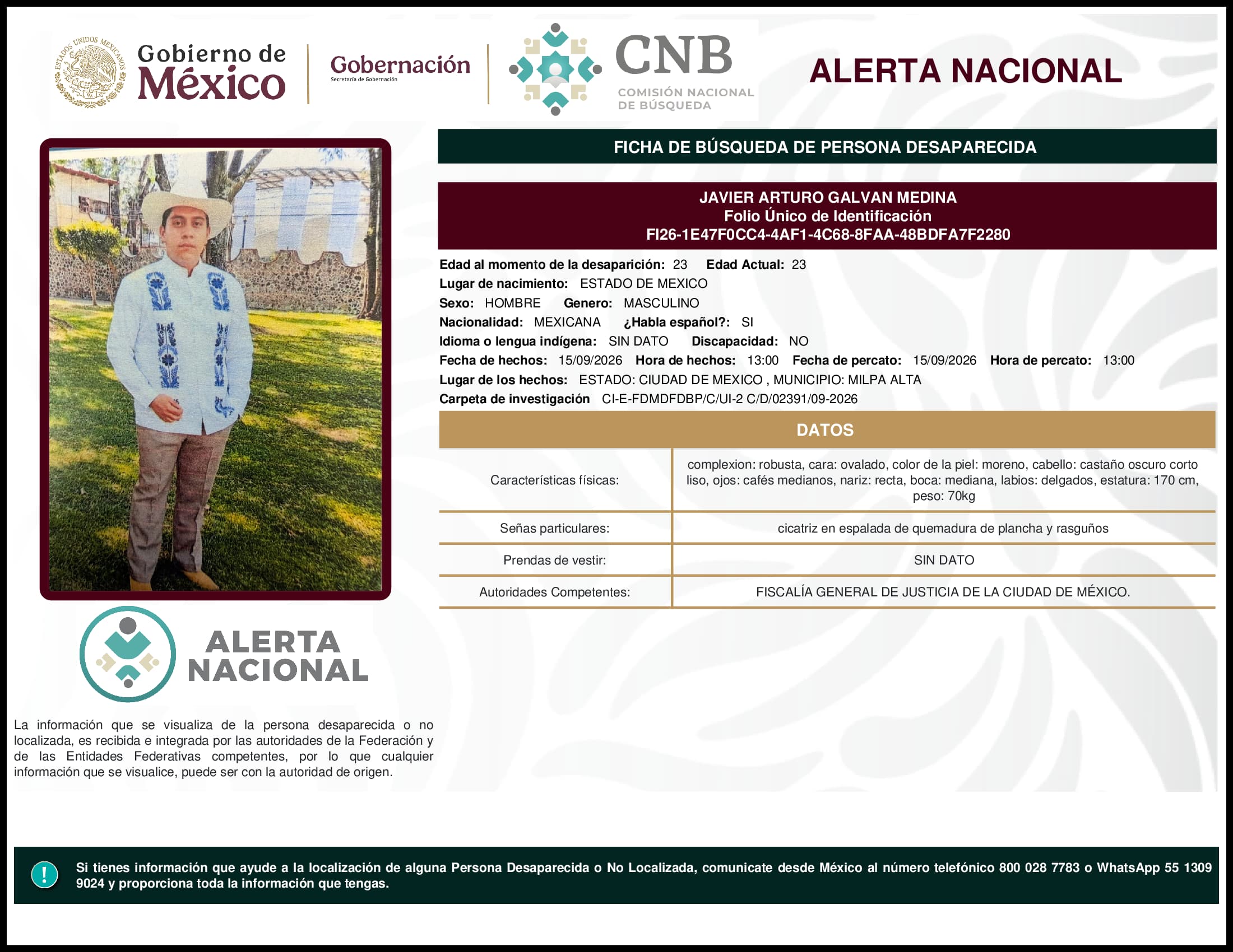 Persona desaparecida Javier Arturo Galvan Medina